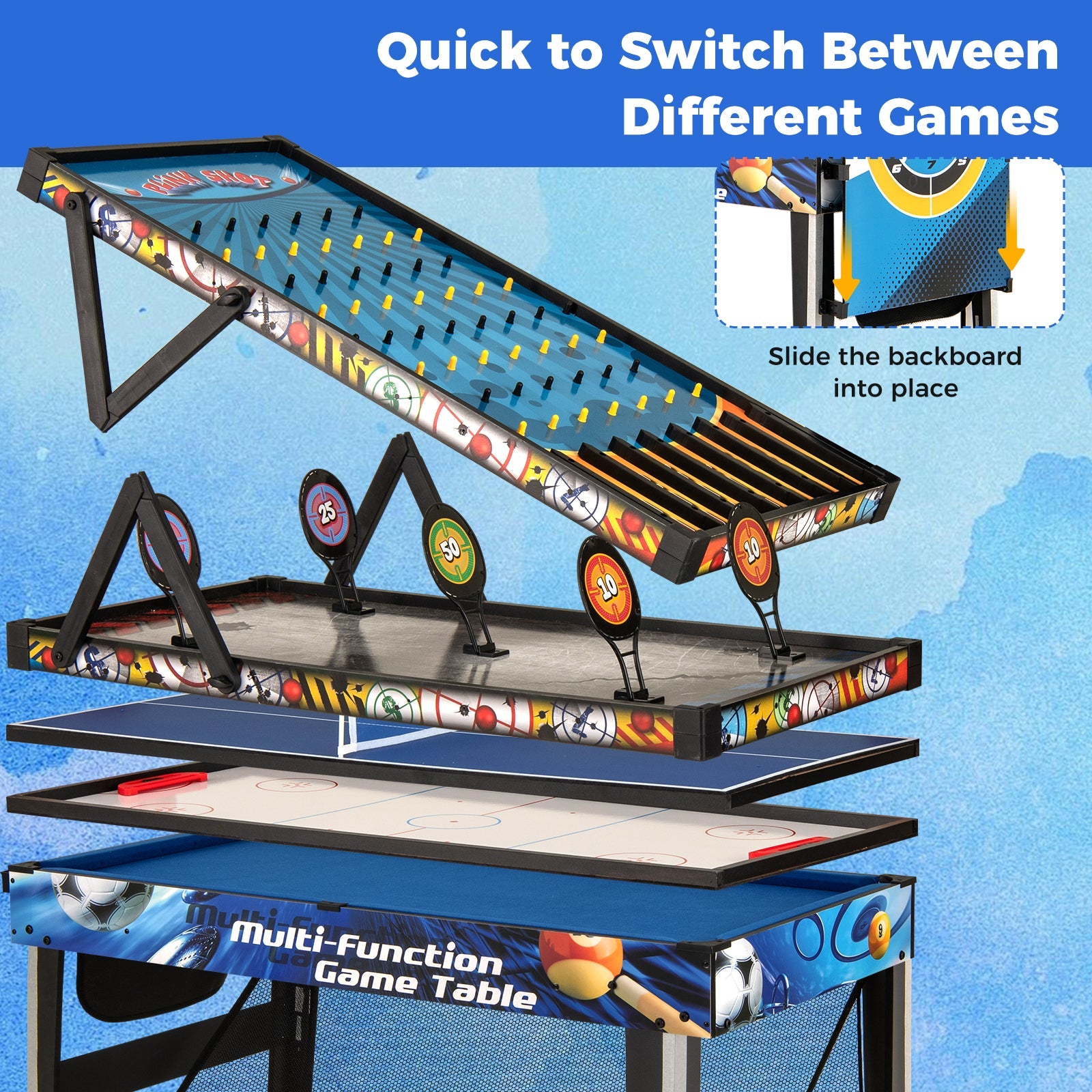 10-in-1 Combo Game Table Set with Table Tennis Basketball Soccer-Blue DirectDeals