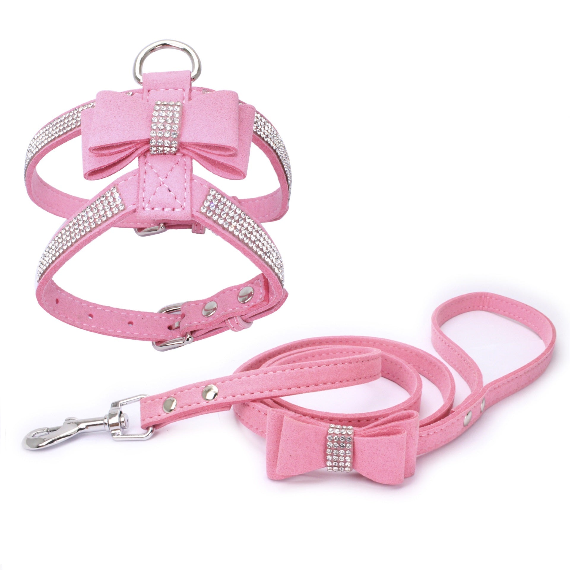 Suede Dog Harness & Leash Set – Rhinestone Bow, Soft & Elegant Jane's Pet Boutique