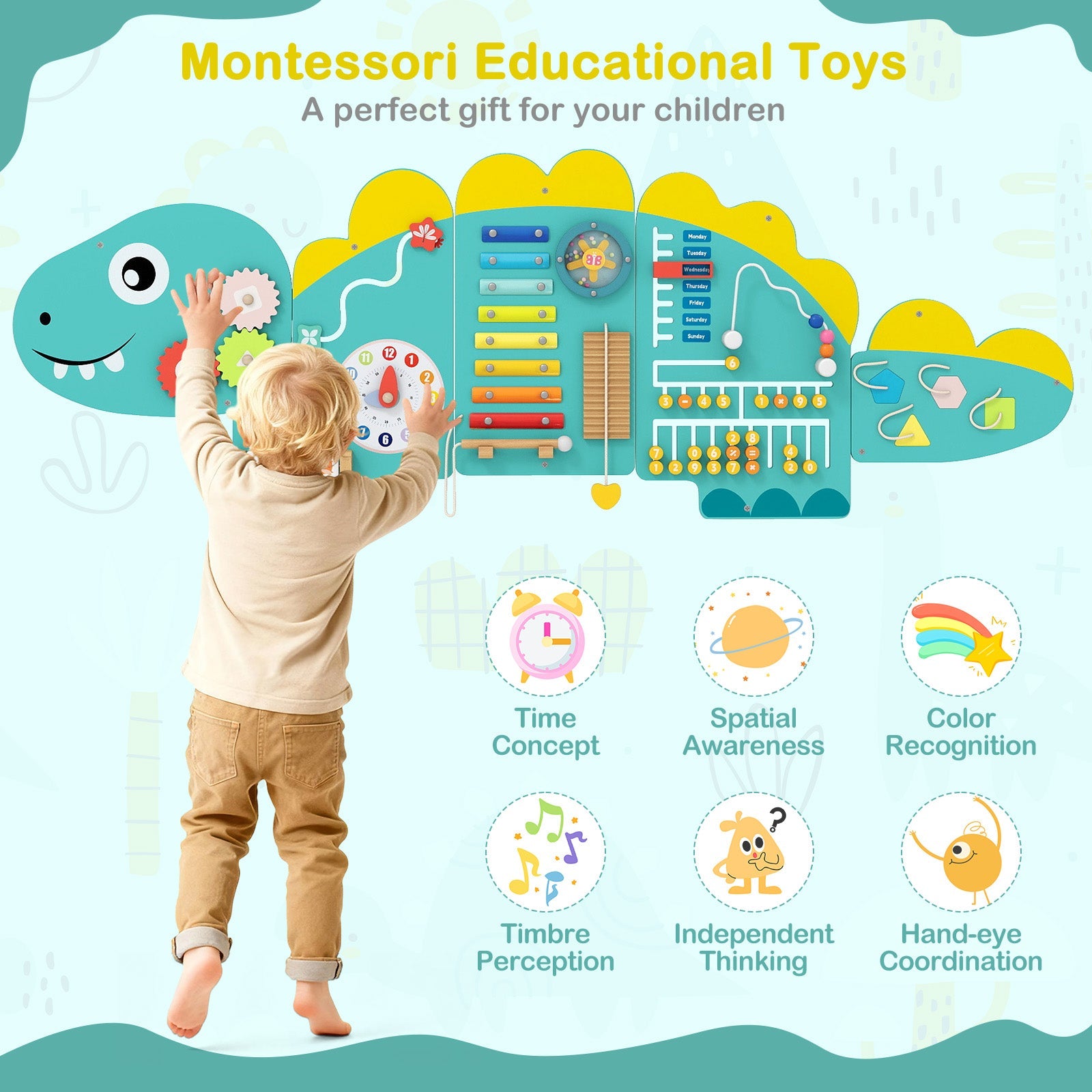 11-in-1 Dinosaur Activity Wall Busy Board Panels for Toddlers Education and Early Development DirectDeals