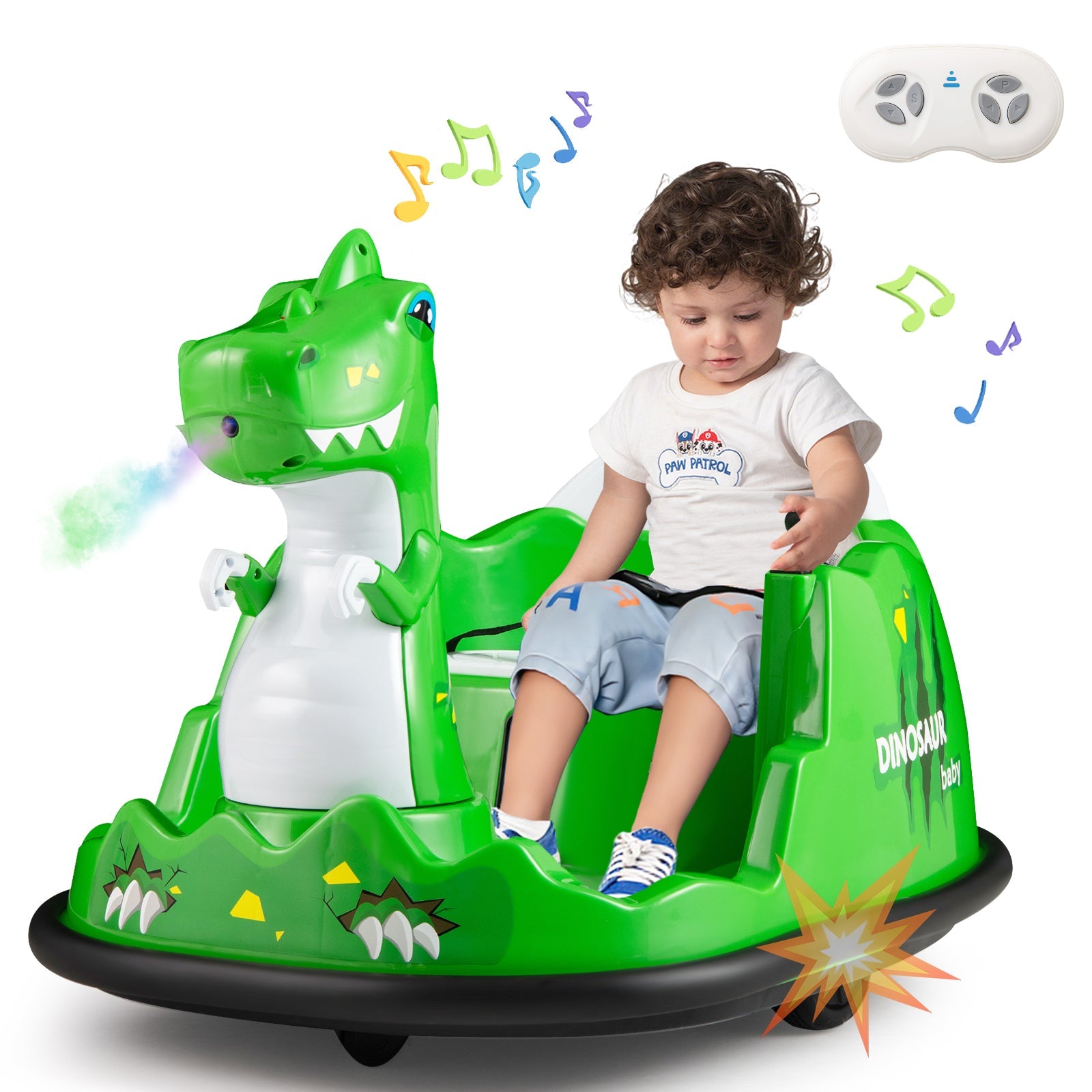 12V Bumper Car with Spray Function and Remote Control for Toddlers Aged 2-5-Green DirectDeals