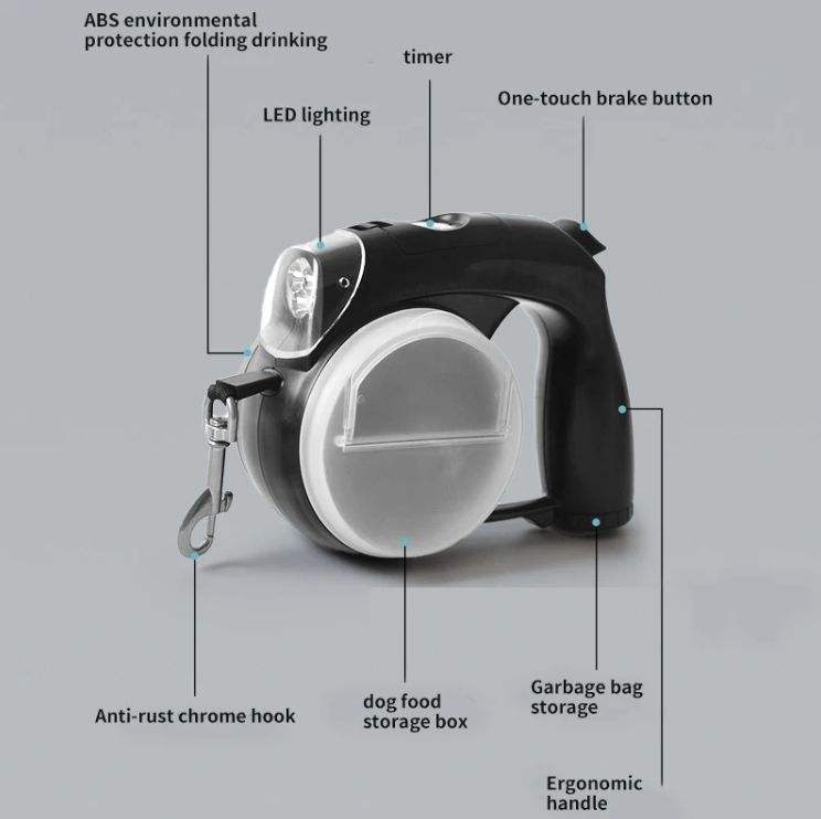 5 In 1 Multifunctional Dog Waterproof Automatic Led Retractable Leash with Poop Bag Pawpampered