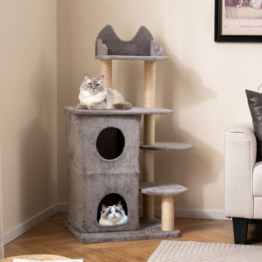 48.5 inch Cat Tree with 2-story Condo and 3 Hideaway Caves for Large Cats-Gray DirectDeals