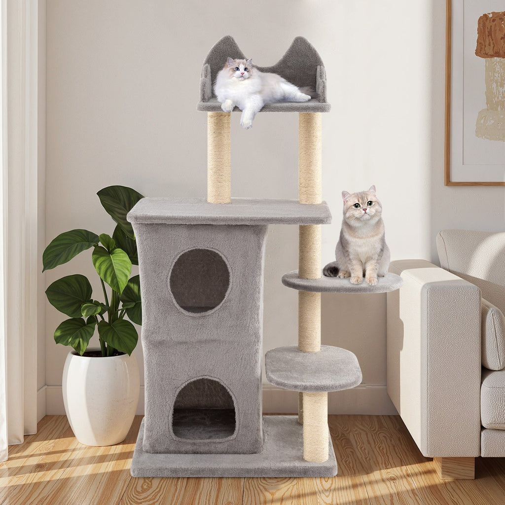 48.5 inch Cat Tree with 2-story Condo and 3 Hideaway Caves for Large Cats-Gray DirectDeals