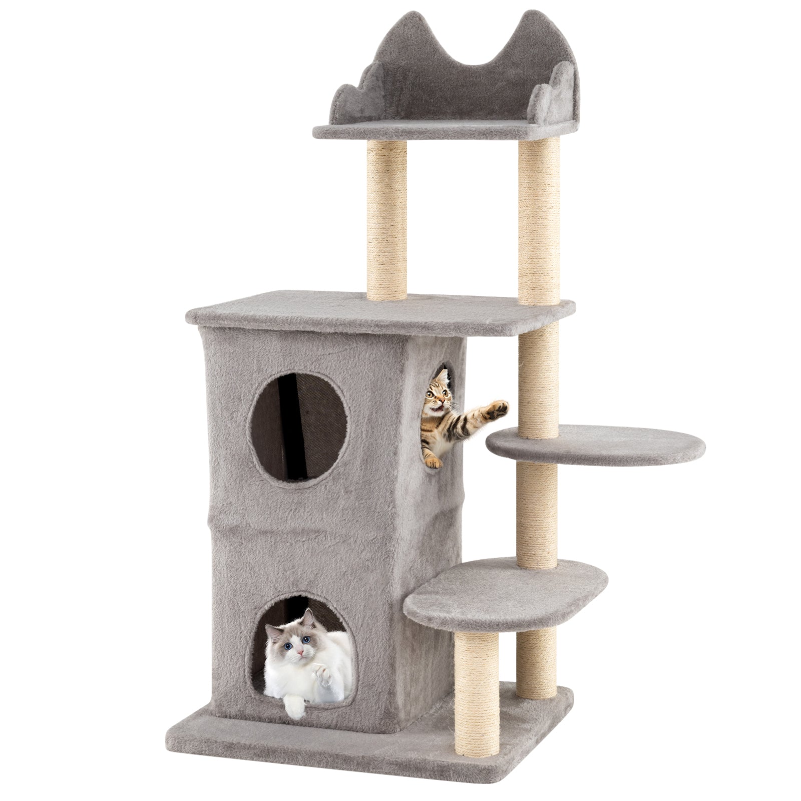48.5 inch Cat Tree with 2-story Condo and 3 Hideaway Caves for Large Cats-Gray DirectDeals