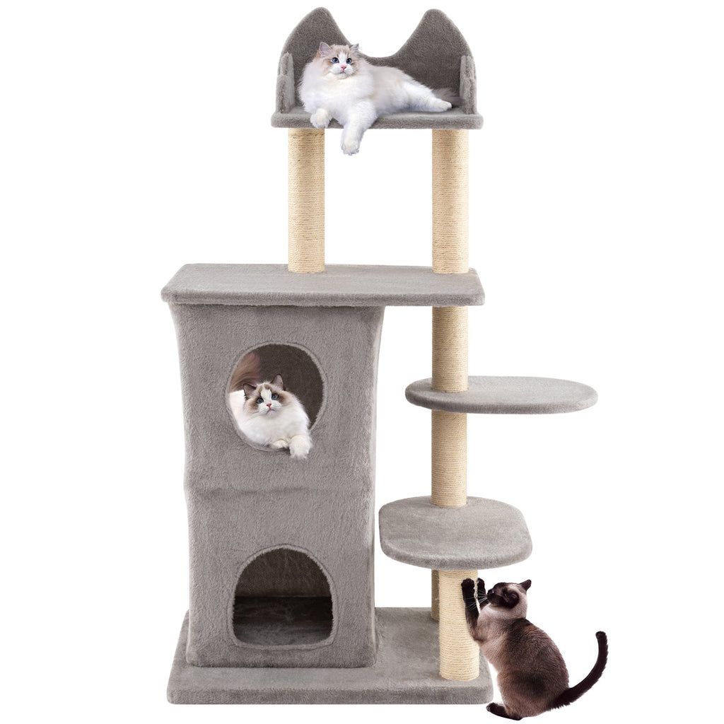 48.5 inch Cat Tree with 2-story Condo and 3 Hideaway Caves for Large Cats-Gray DirectDeals