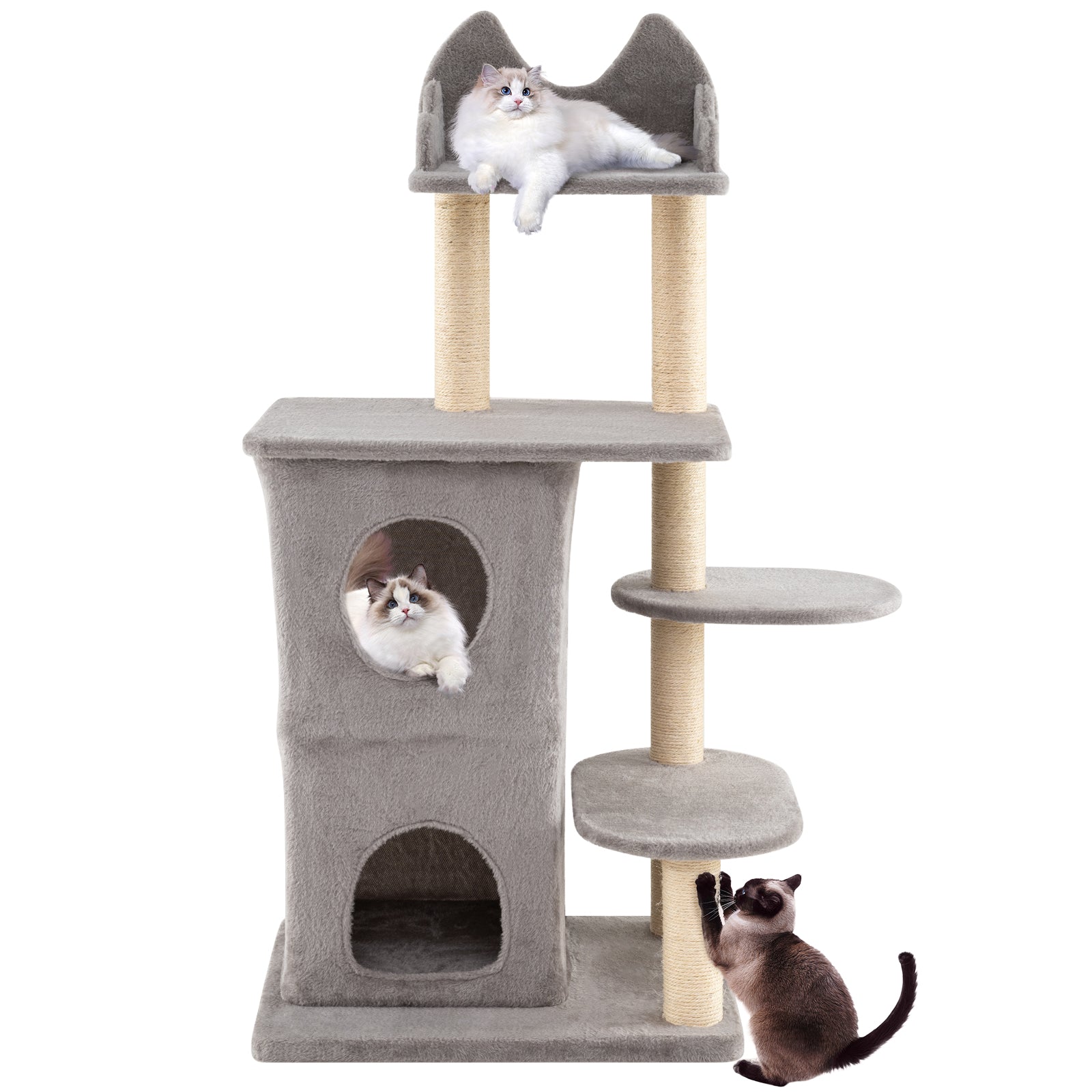 48.5 inch Cat Tree with 2-story Condo and 3 Hideaway Caves for Large Cats-Gray DirectDeals