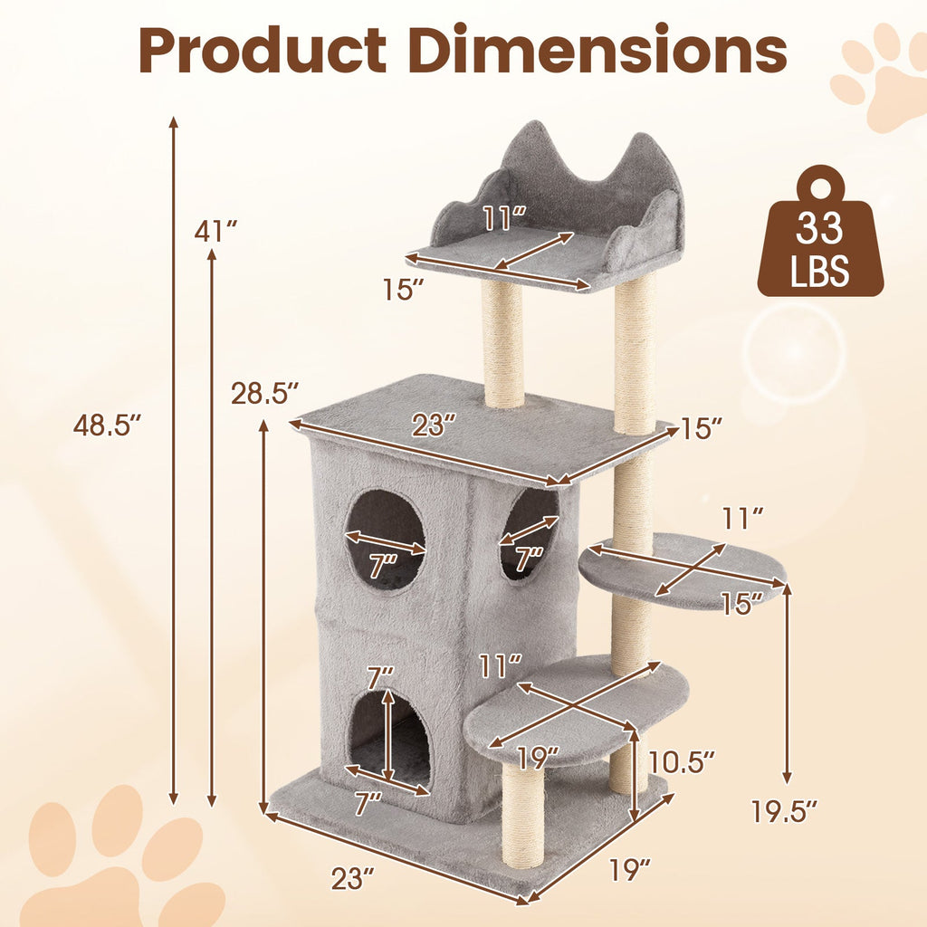 48.5 inch Cat Tree with 2-story Condo and 3 Hideaway Caves for Large Cats-Gray DirectDeals