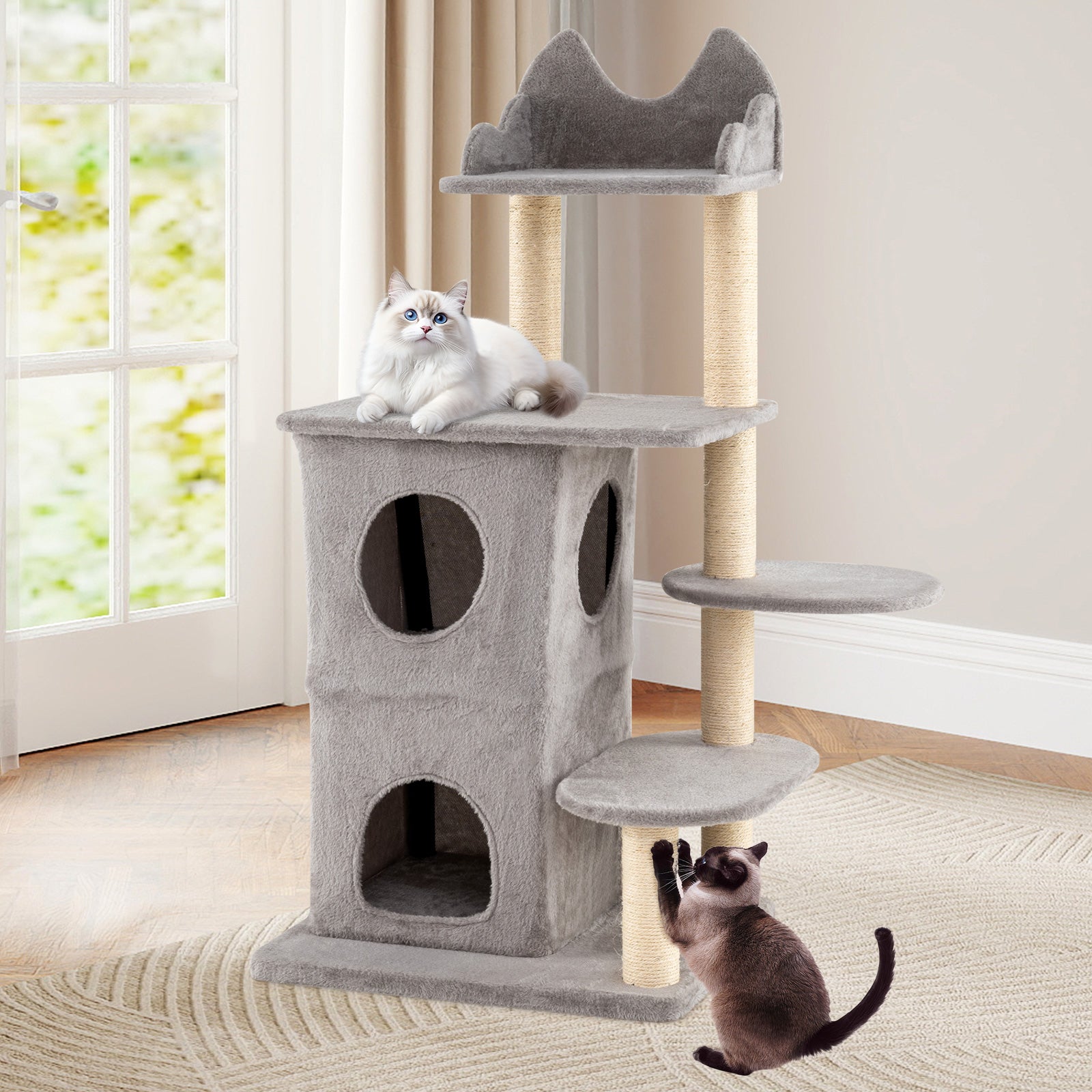 48.5 inch Cat Tree with 2-story Condo and 3 Hideaway Caves for Large Cats-Gray DirectDeals