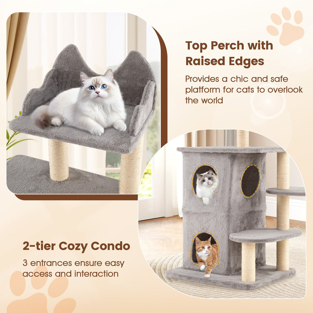 48.5 inch Cat Tree with 2-story Condo and 3 Hideaway Caves for Large Cats-Gray DirectDeals