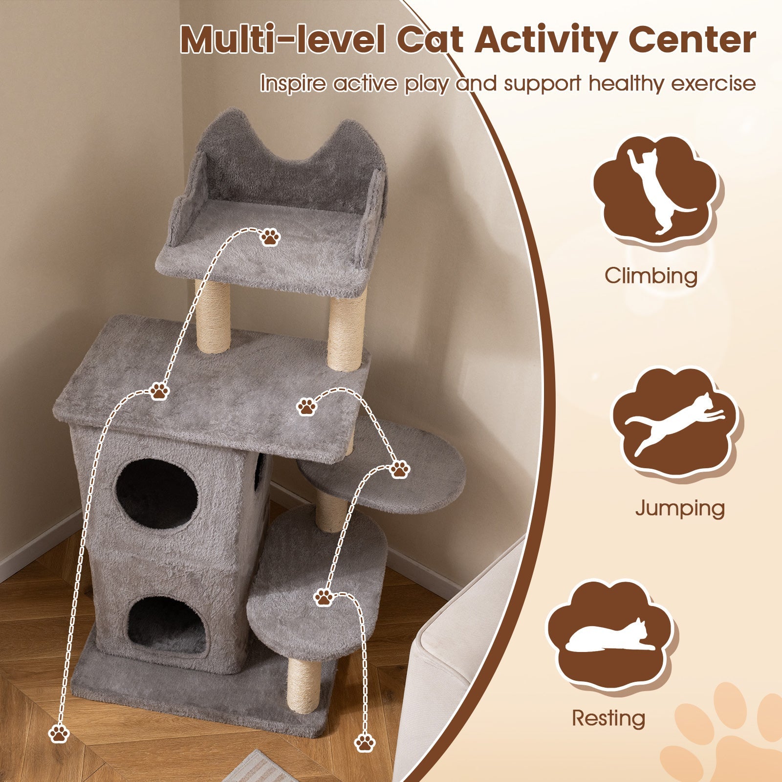 48.5 inch Cat Tree with 2-story Condo and 3 Hideaway Caves for Large Cats-Gray DirectDeals