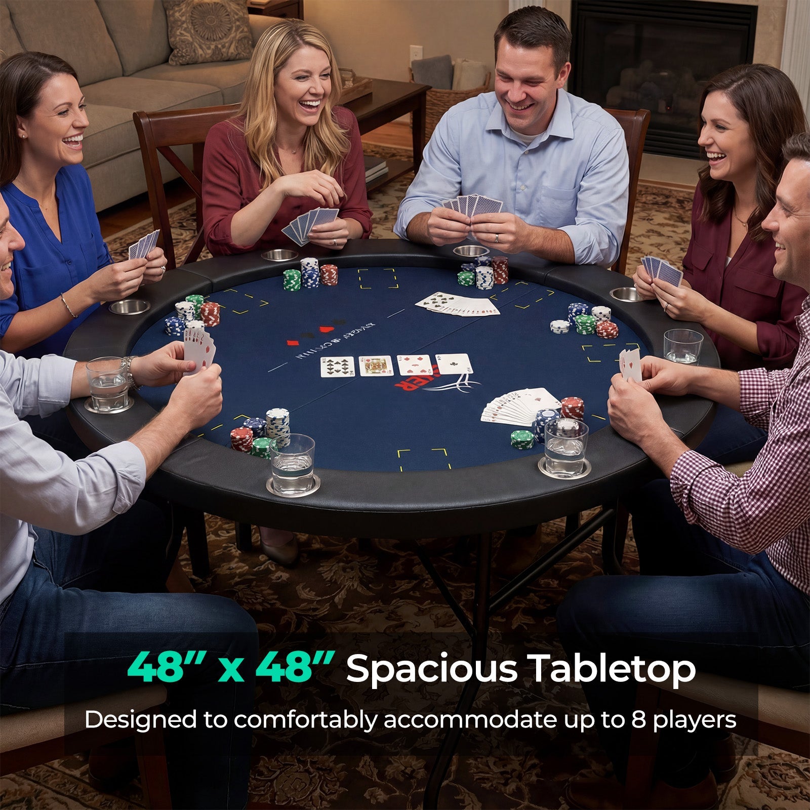 48 Inch Foldable Poker Table with 8 Cup Holders and Padded Edges DirectDeals