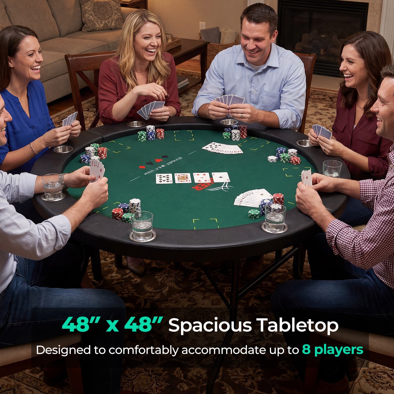 48 Inch Foldable Poker Table with 8 Cup Holders and Padded Edges DirectDeals