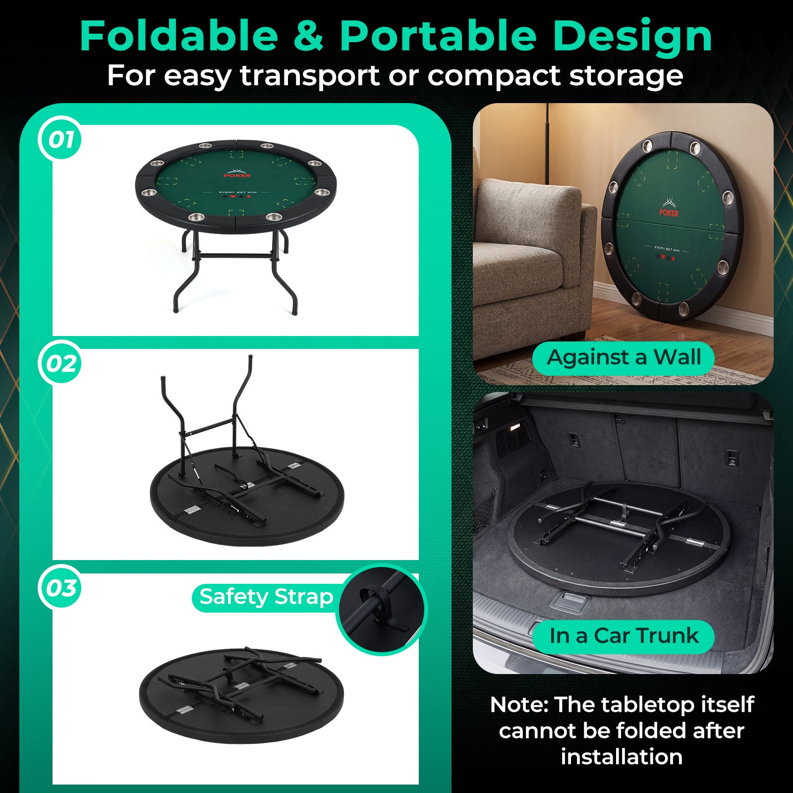 48 Inch Foldable Poker Table with 8 Cup Holders and Padded Edges DirectDeals