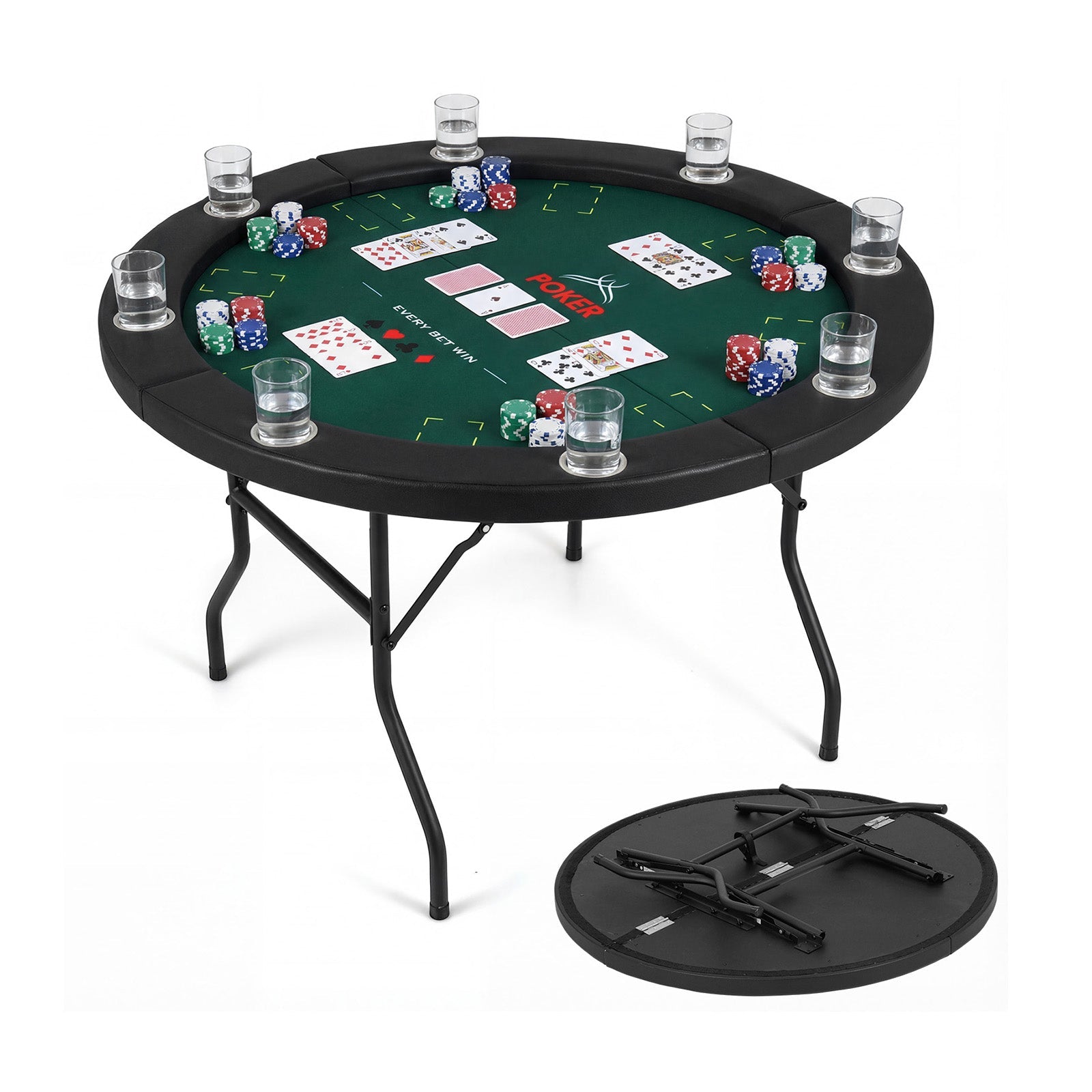 48 Inch Foldable Poker Table with 8 Cup Holders and Padded Edges DirectDeals