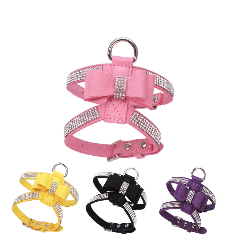 Suede Dog Harness & Leash Set – Rhinestone Bow, Soft & Elegant Jane's Pet Boutique