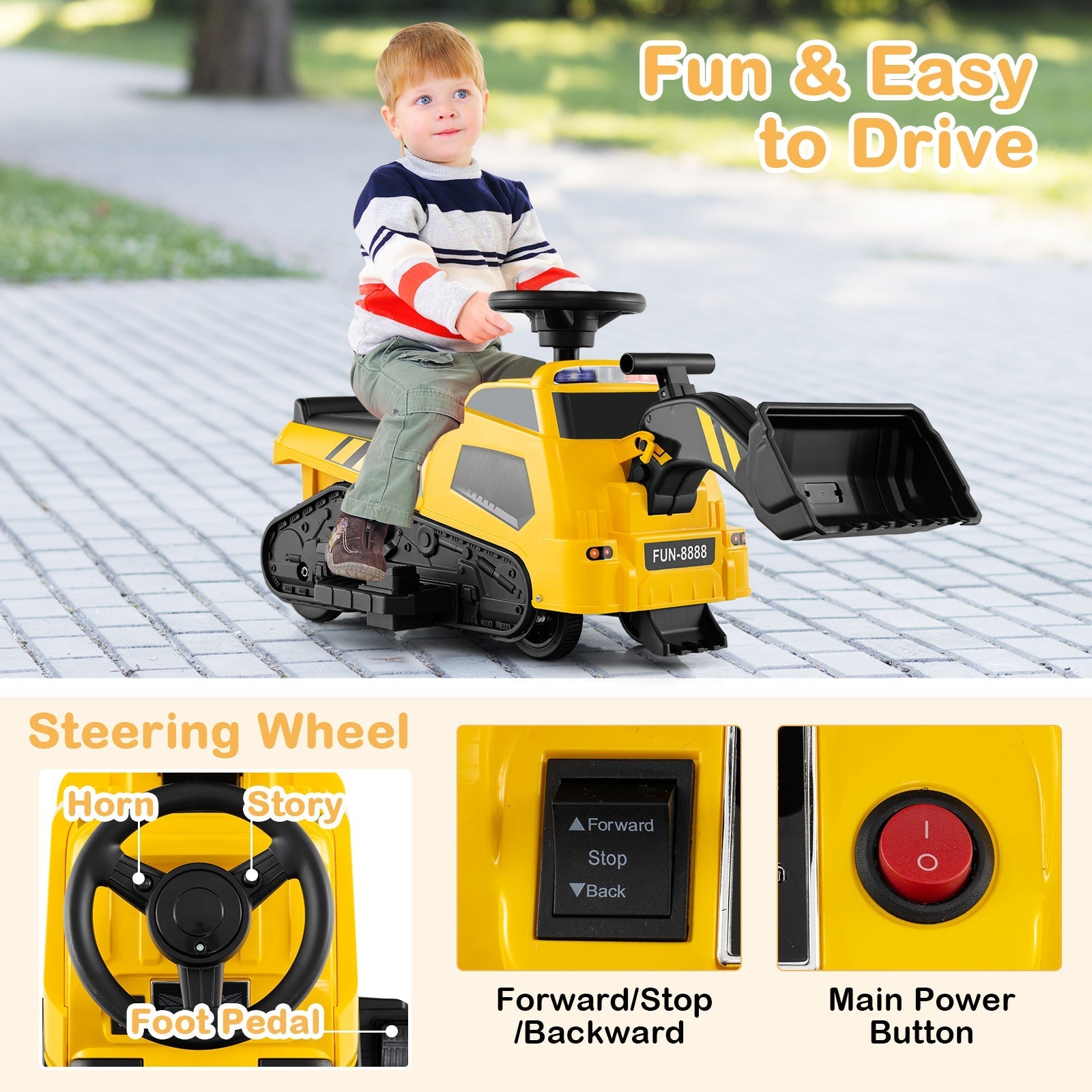 Ride on 3-in-1 Electric Excavator w/ Adjustable Arms & Music GBruno Store