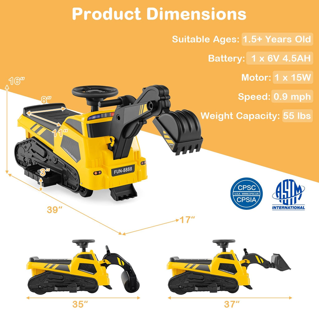 Ride on 3-in-1 Electric Excavator w/ Adjustable Arms & Music GBruno Store