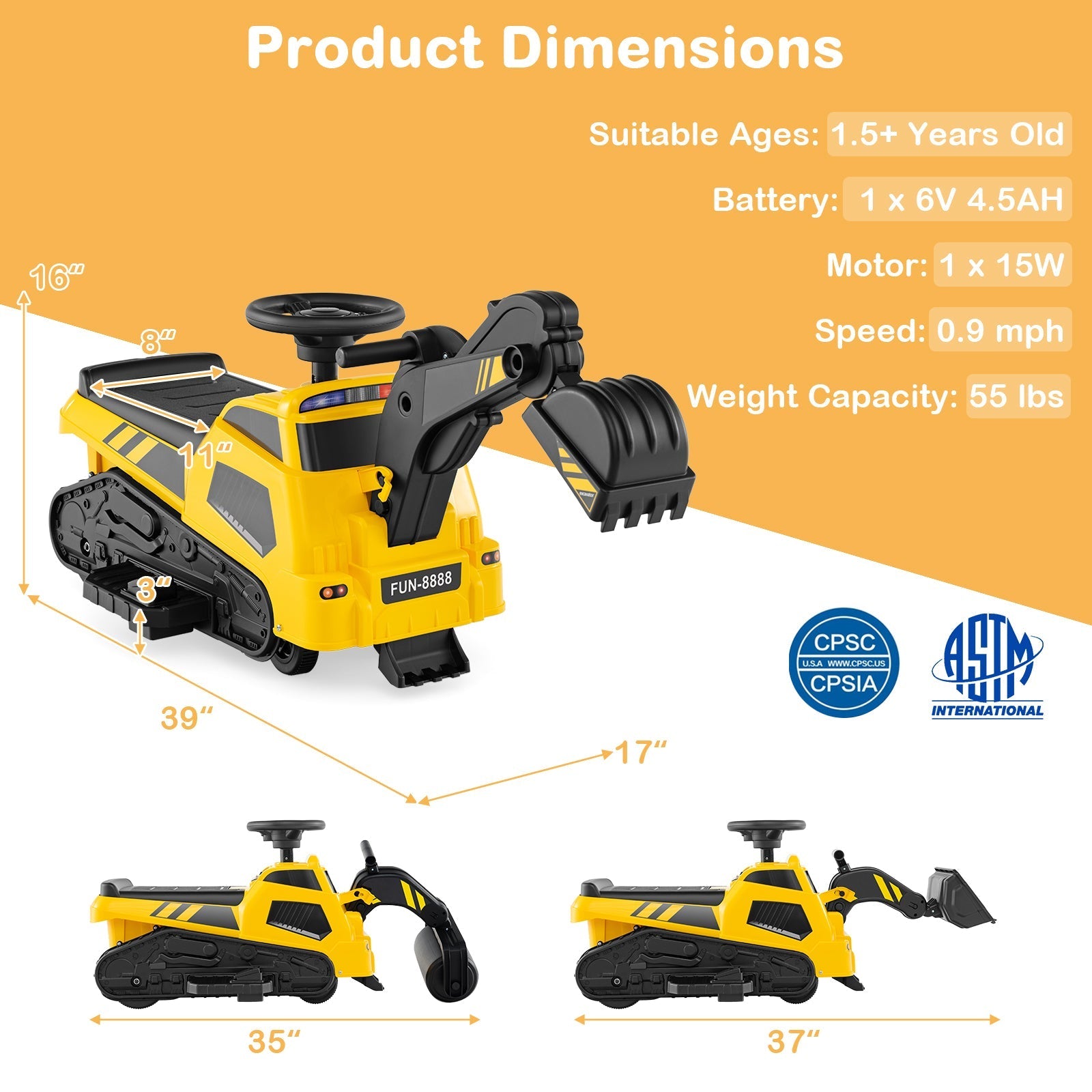 Ride on 3-in-1 Electric Excavator w/ Adjustable Arms & Music GBruno Store