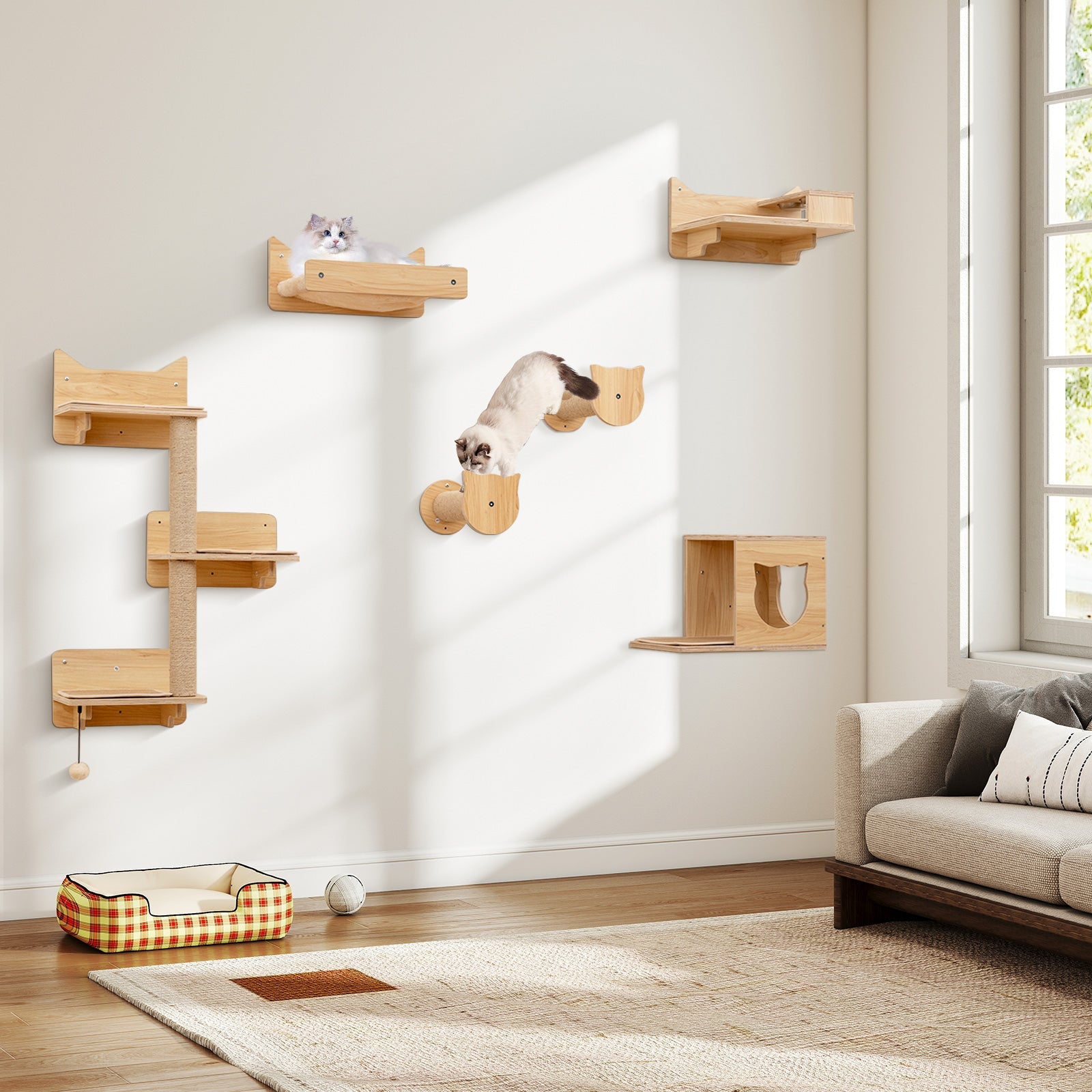 6 Pieces Cat Wall Furniture Set Kitten Wall Mounted Shelves-Natural DirectDeals