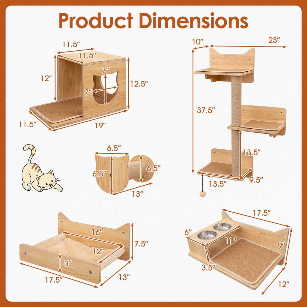 6 Pieces Cat Wall Furniture Set Kitten Wall Mounted Shelves-Natural DirectDeals
