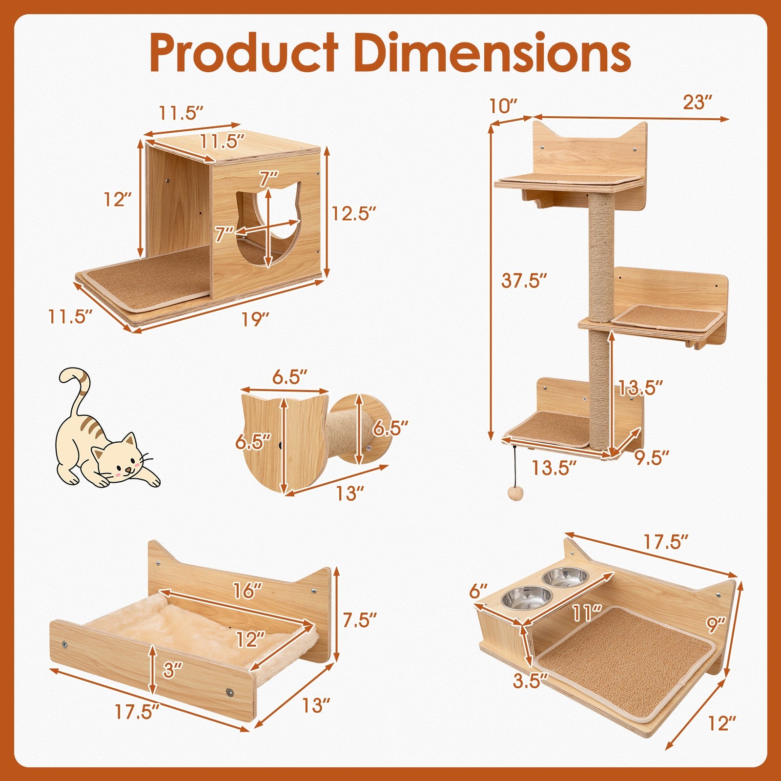 6 Pieces Cat Wall Furniture Set Kitten Wall Mounted Shelves-Natural DirectDeals