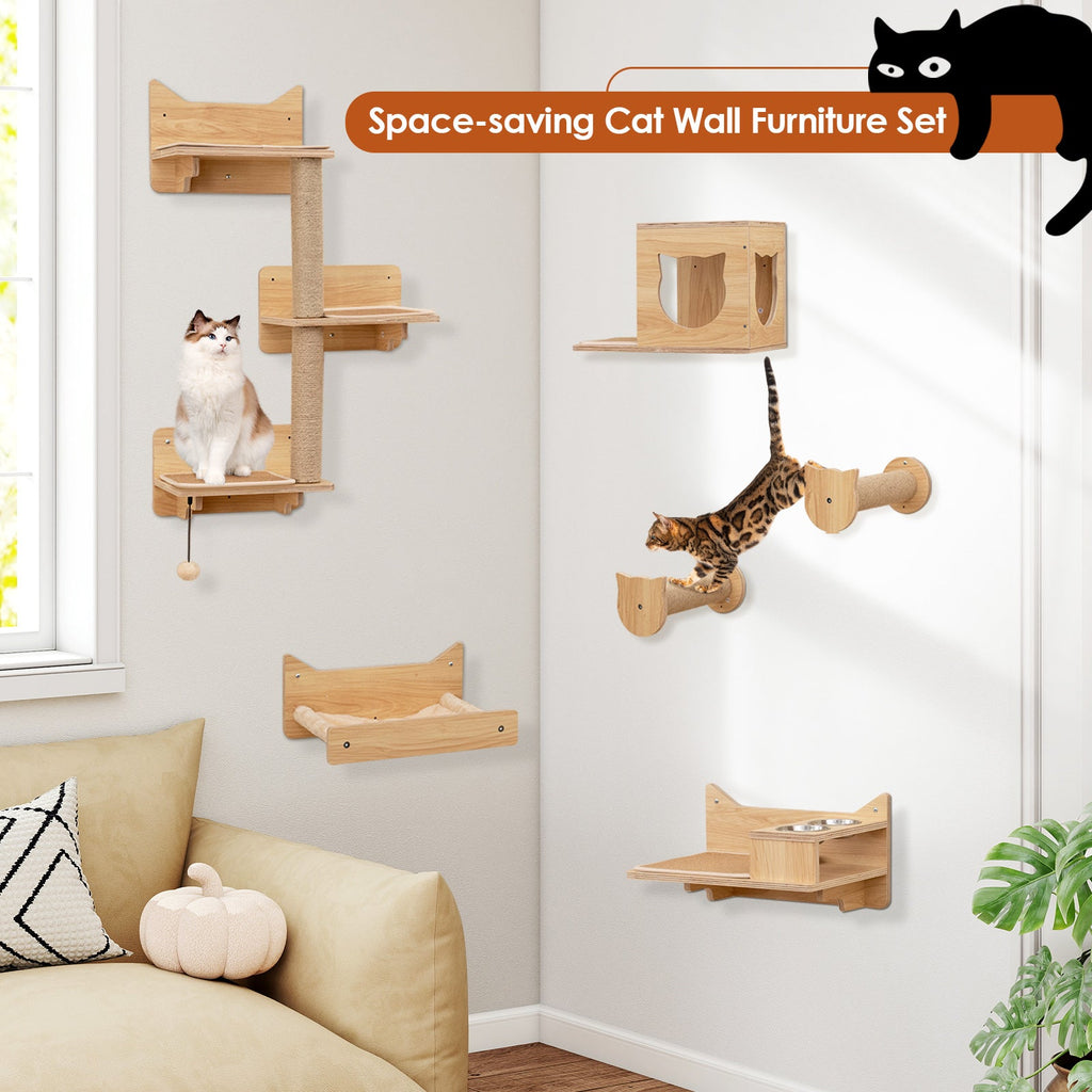 6 Pieces Cat Wall Furniture Set Kitten Wall Mounted Shelves-Natural DirectDeals