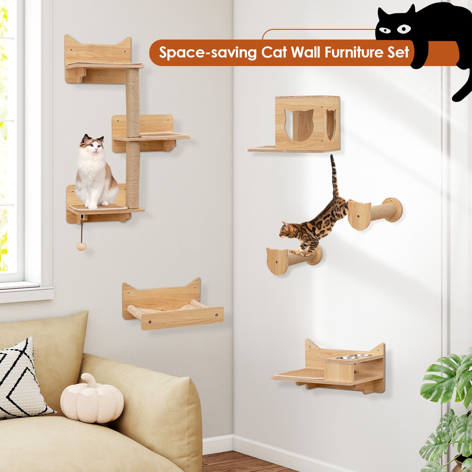 6 Pieces Cat Wall Furniture Set Kitten Wall Mounted Shelves-Natural DirectDeals