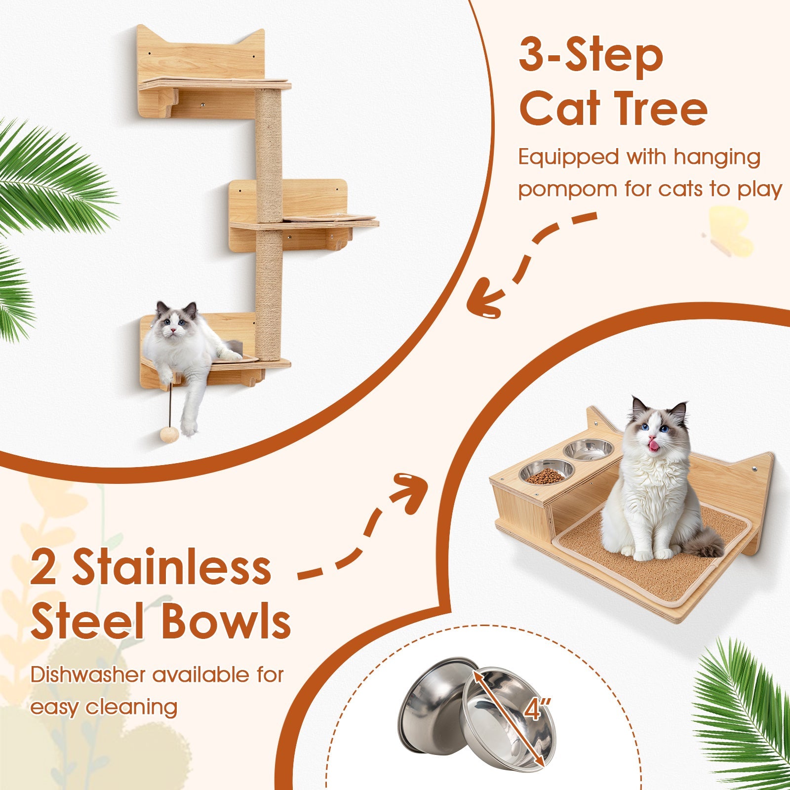 6 Pieces Cat Wall Furniture Set Kitten Wall Mounted Shelves-Natural DirectDeals