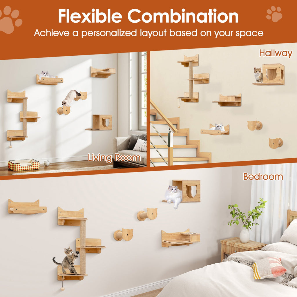 6 Pieces Cat Wall Furniture Set Kitten Wall Mounted Shelves-Natural DirectDeals