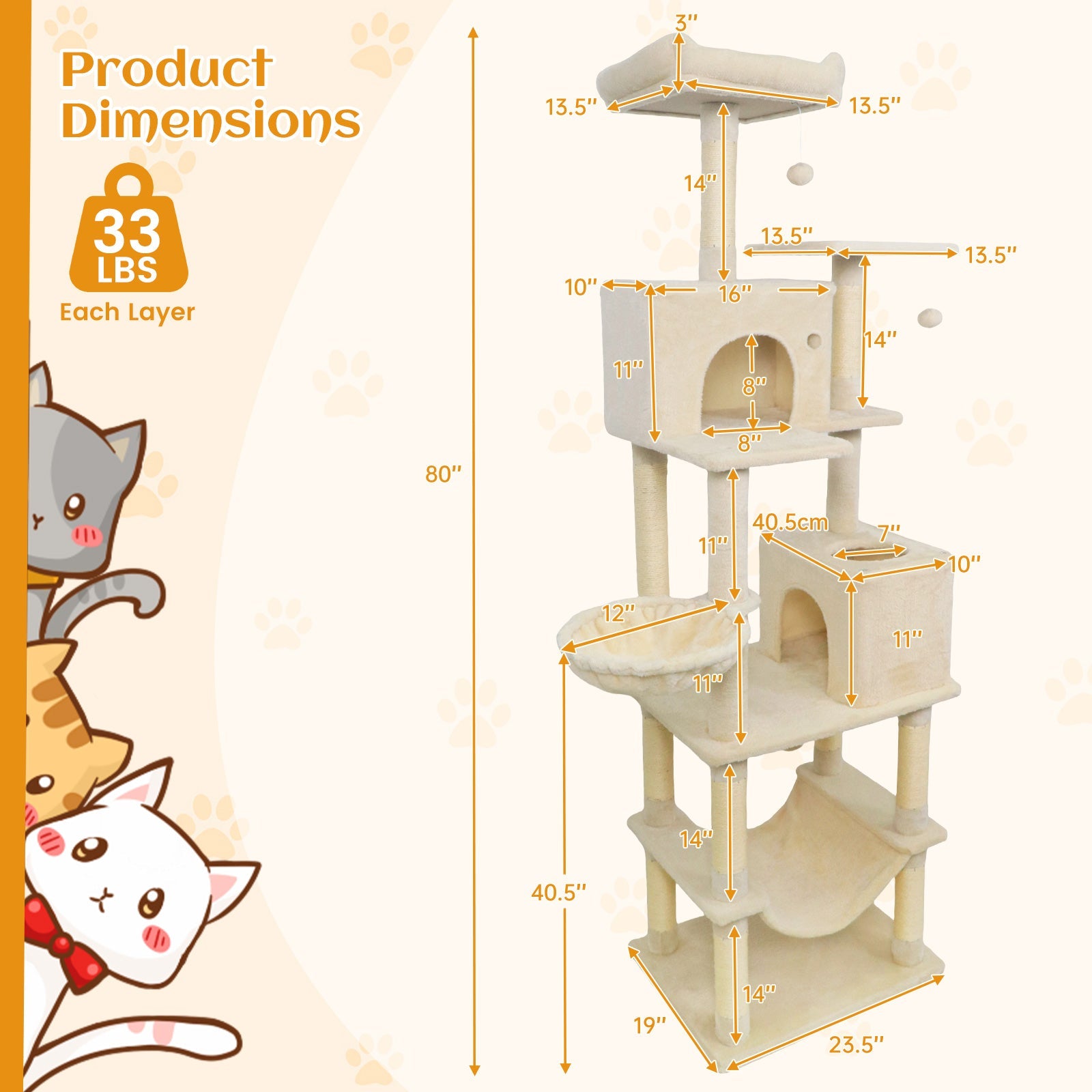 80 Inches Tall Cat Tree with 2 Large Condos and Dangling Toys DirectDeals