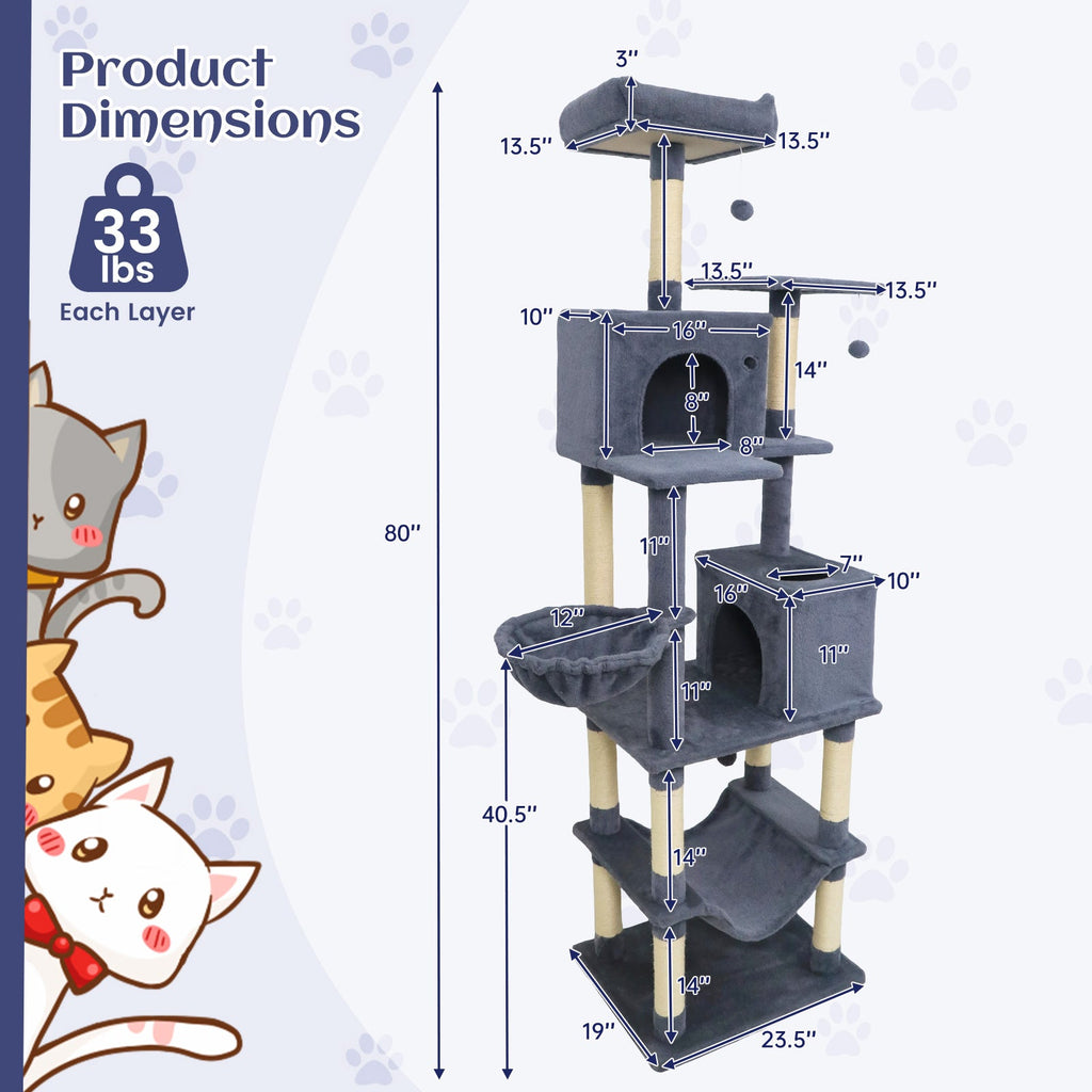 80 Inches Tall Cat Tree with 2 Large Condos and Dangling Toys DirectDeals