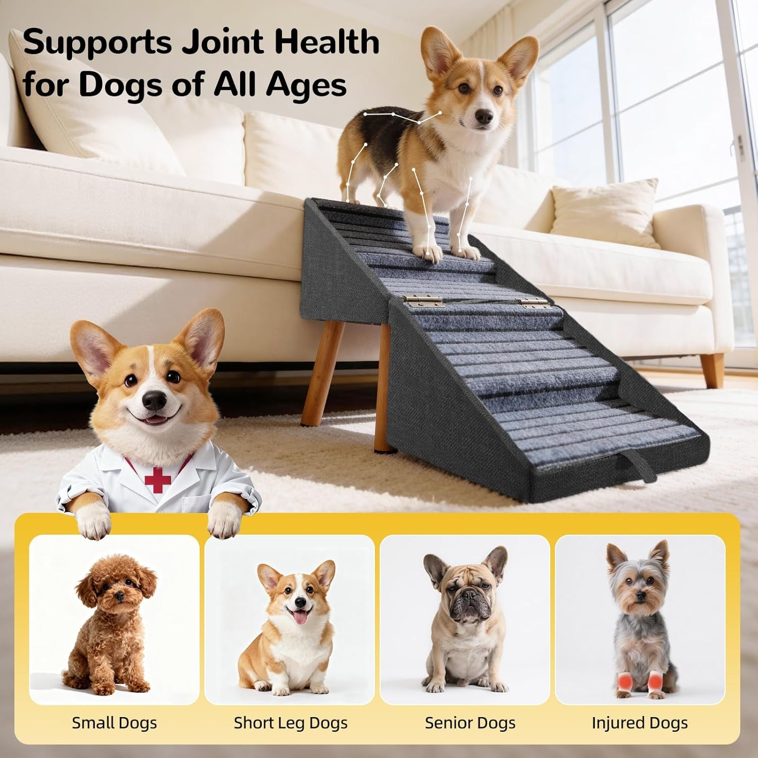 Dog Stairs for Couch 2 in 1 Foldable Pet Steps Ottoman Non Slip Wags & Whiskers Pet Supply