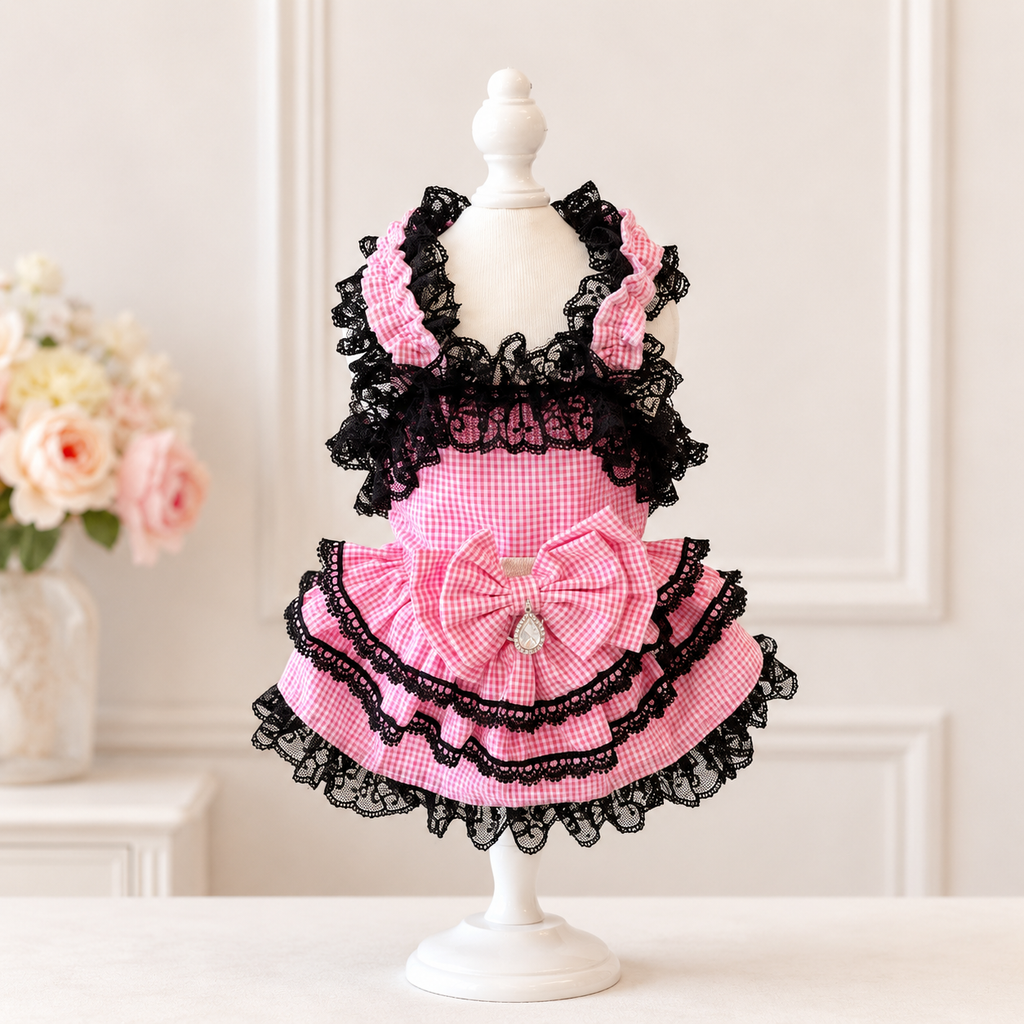 Pink Gingham Lace Dog Dress – Boutique Princess Puppy Dress with Black Lace Ruffles & Bow Jane's Pet Boutique