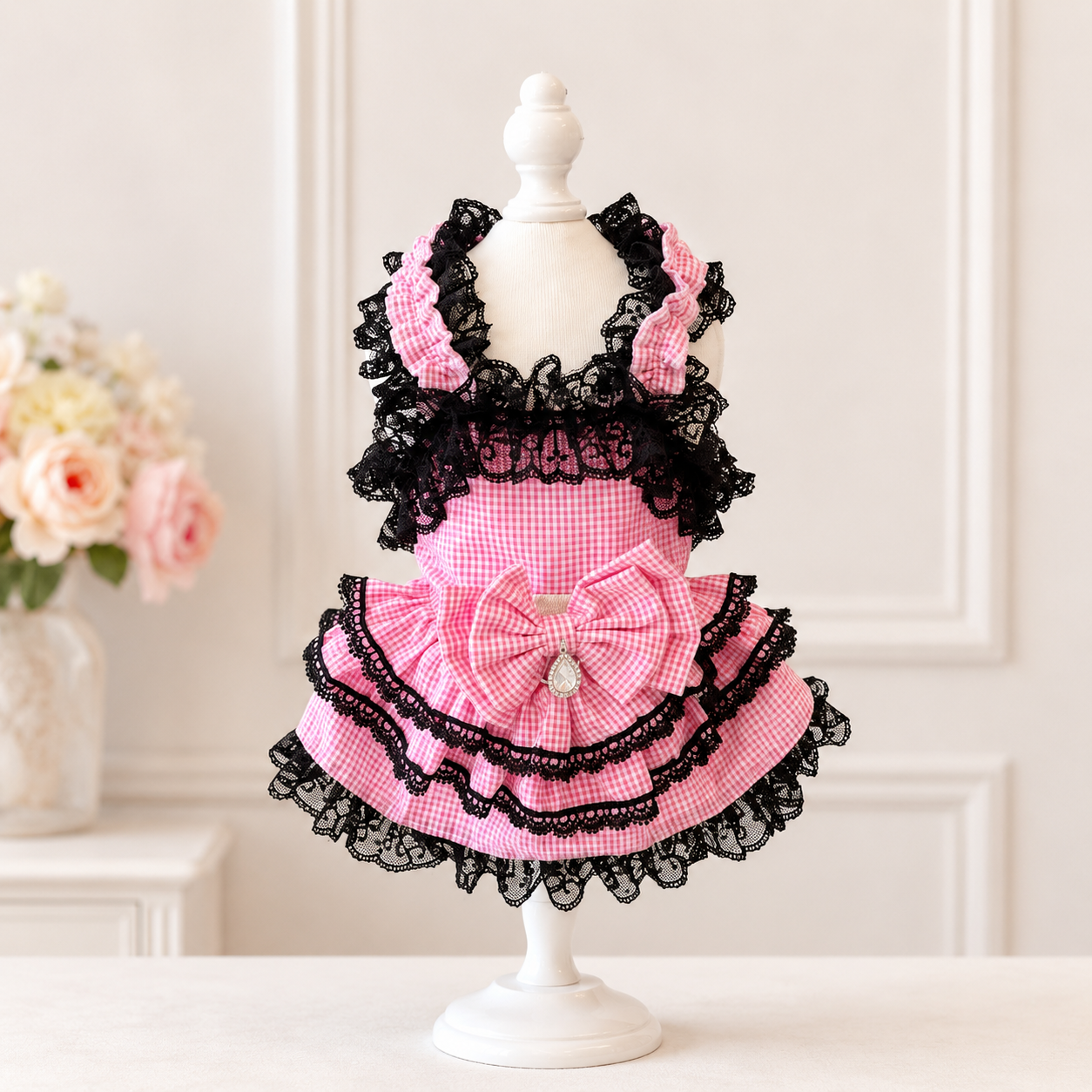Pink Gingham Lace Dog Dress – Boutique Princess Puppy Dress with Black Lace Ruffles & Bow Jane's Pet Boutique
