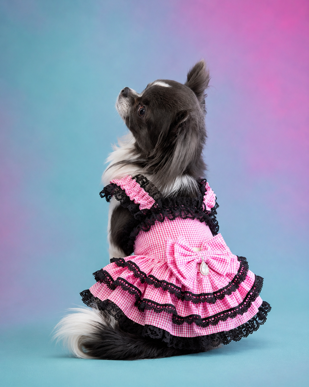 Pink Gingham Lace Dog Dress – Boutique Princess Puppy Dress with Black Lace Ruffles & Bow Jane's Pet Boutique