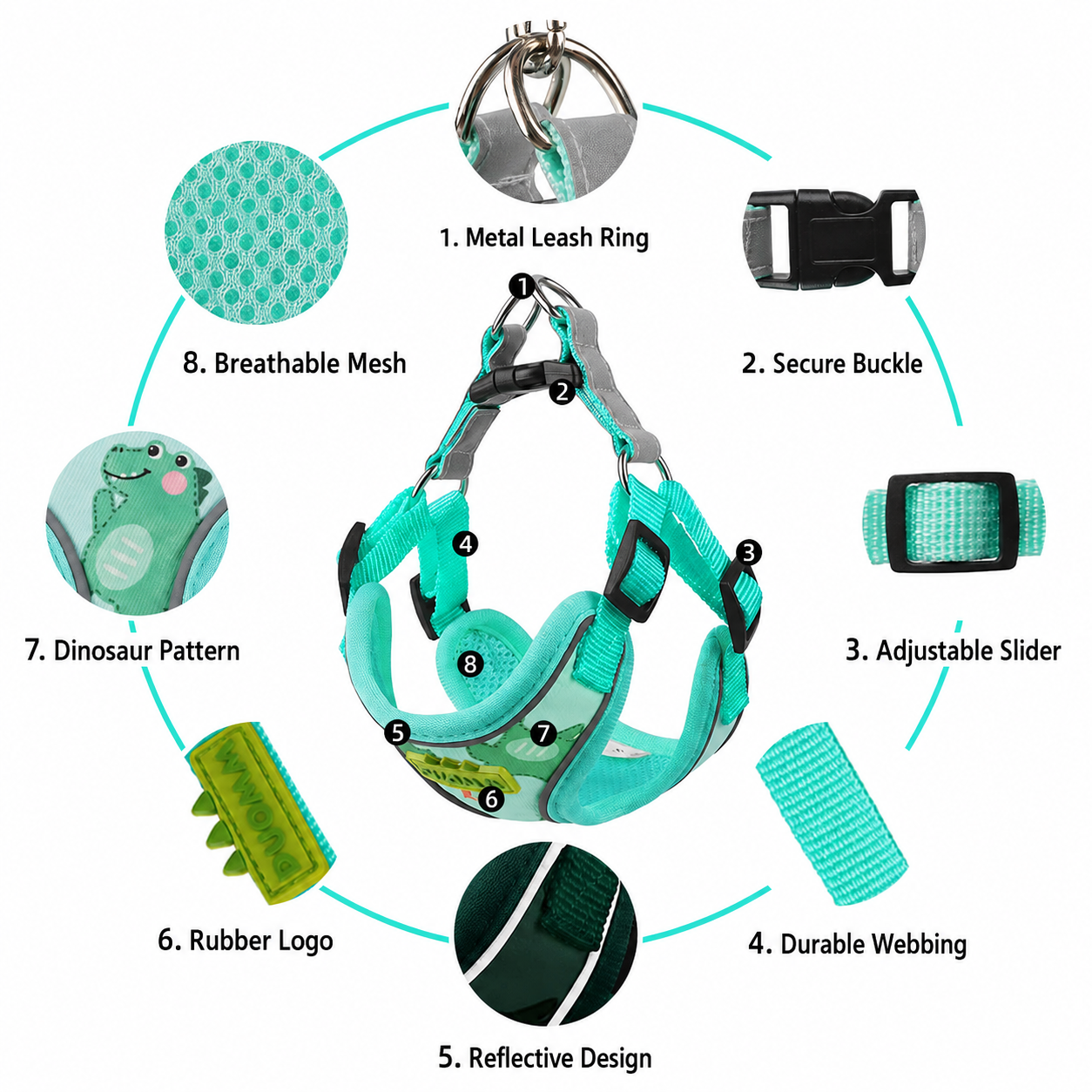 Cute Dinosaur Dog Harness & Leash Set – Breathable Adjustable Pet Vest Harness Jane's Pet Boutique