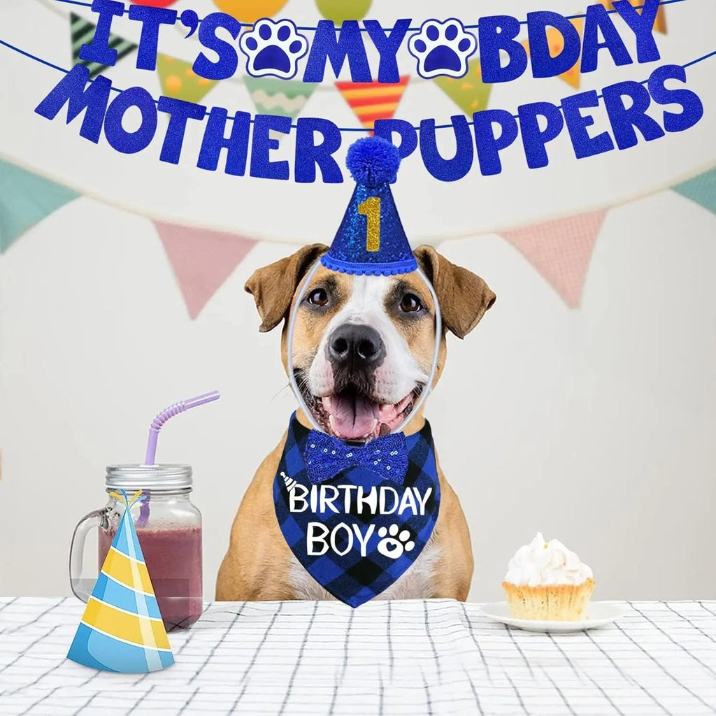 Dog Birthday Decorations Set w/ Hat, Bandana, Bow Tie, & Banner Wags & Whiskers Pet Supply