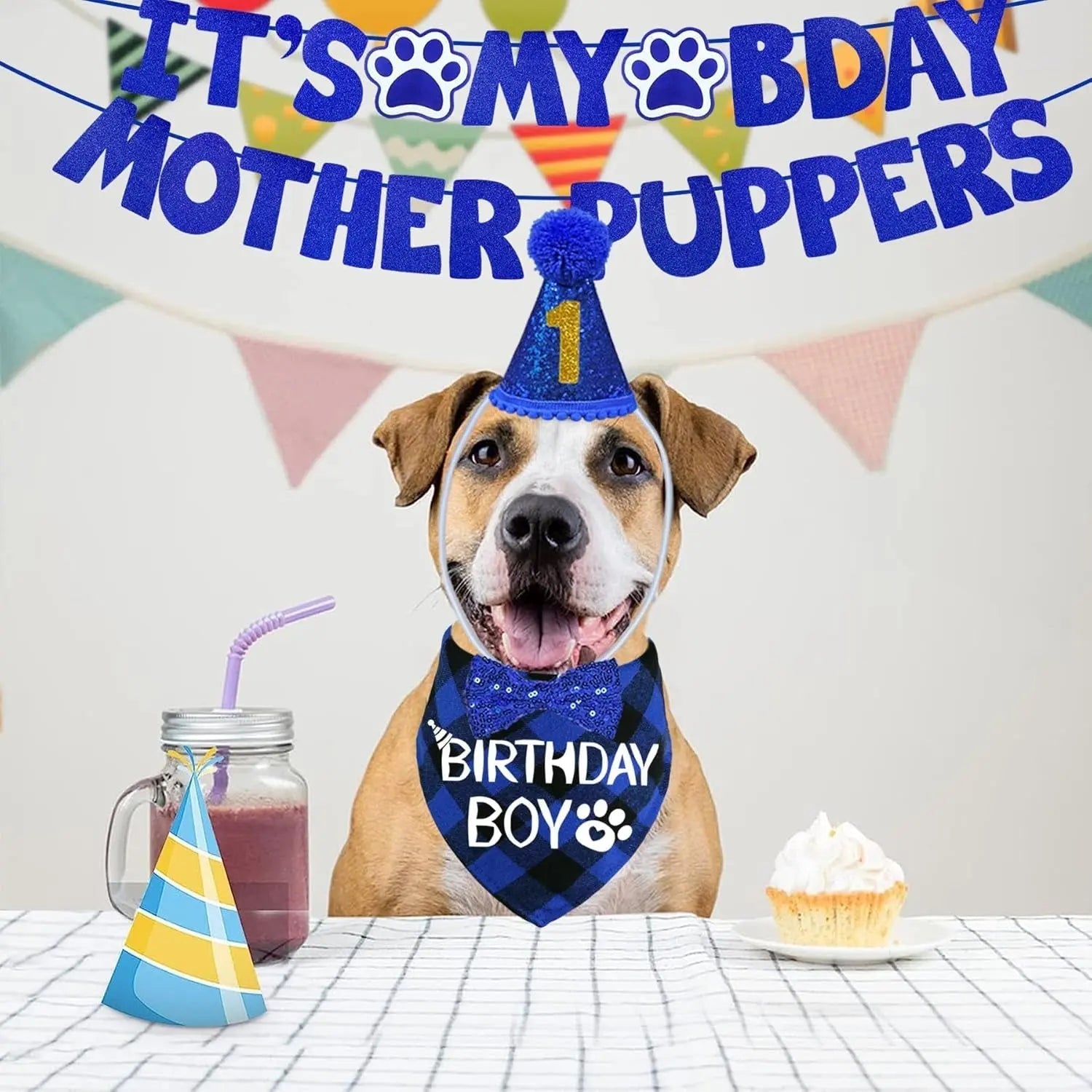 Dog Birthday Decorations Set w/ Hat, Bandana, Bow Tie, & Banner Wags & Whiskers Pet Supply
