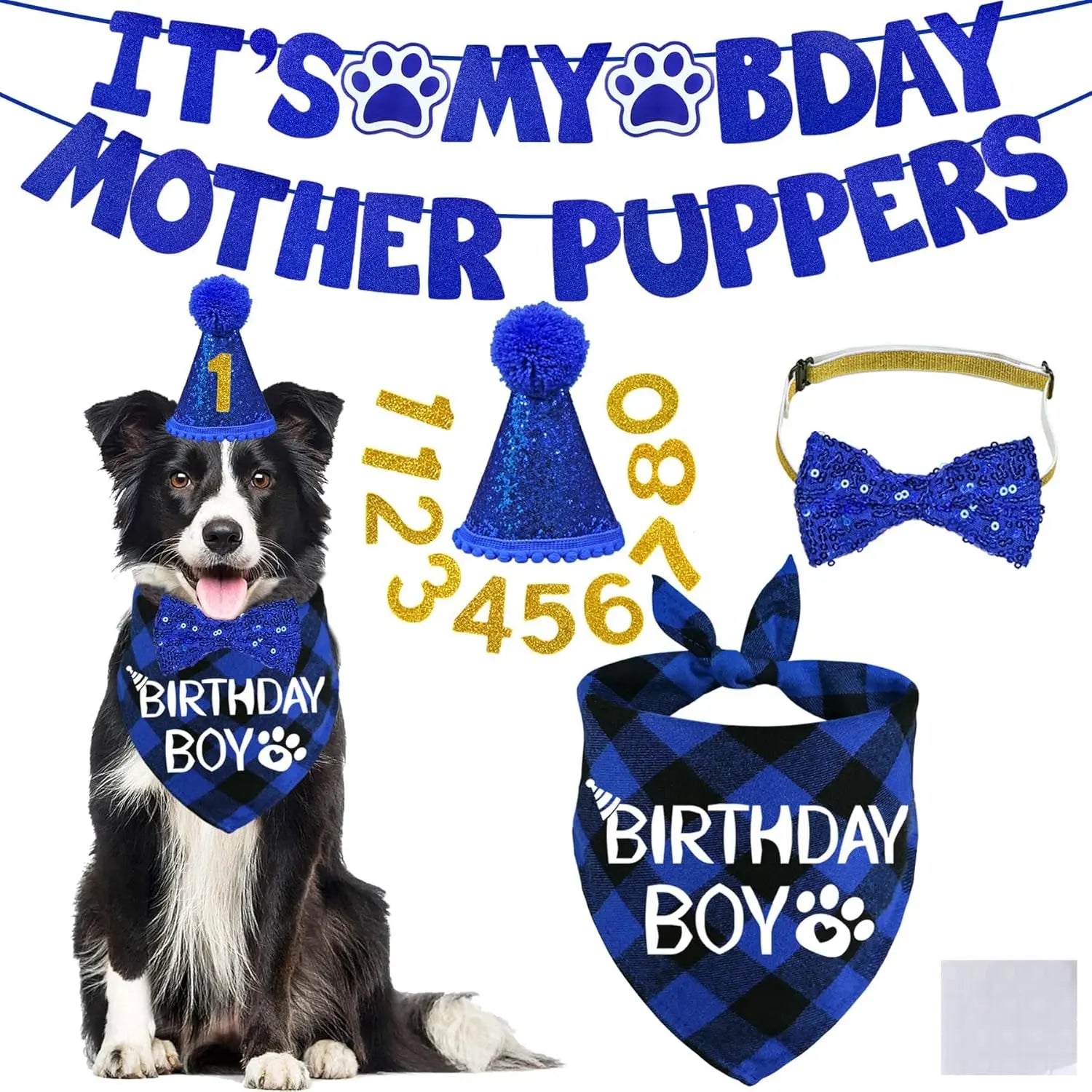 Dog Birthday Decorations Set w/ Hat, Bandana, Bow Tie, & Banner Wags & Whiskers Pet Supply