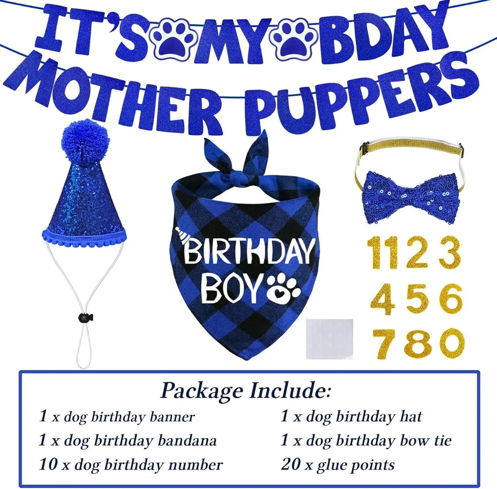 Dog Birthday Decorations Set w/ Hat, Bandana, Bow Tie, & Banner Wags & Whiskers Pet Supply