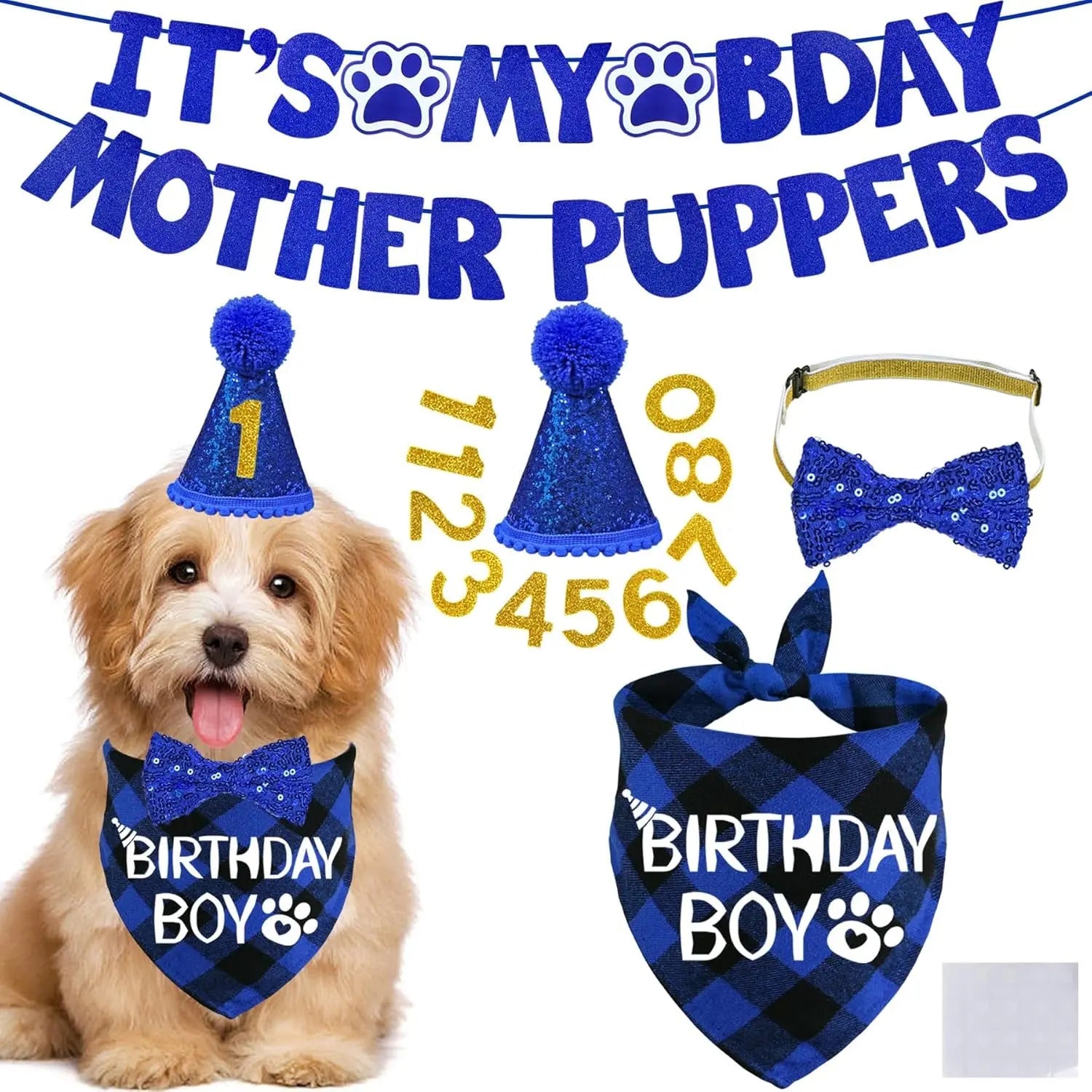 Dog Birthday Decorations Set w/ Hat, Bandana, Bow Tie, & Banner Wags & Whiskers Pet Supply