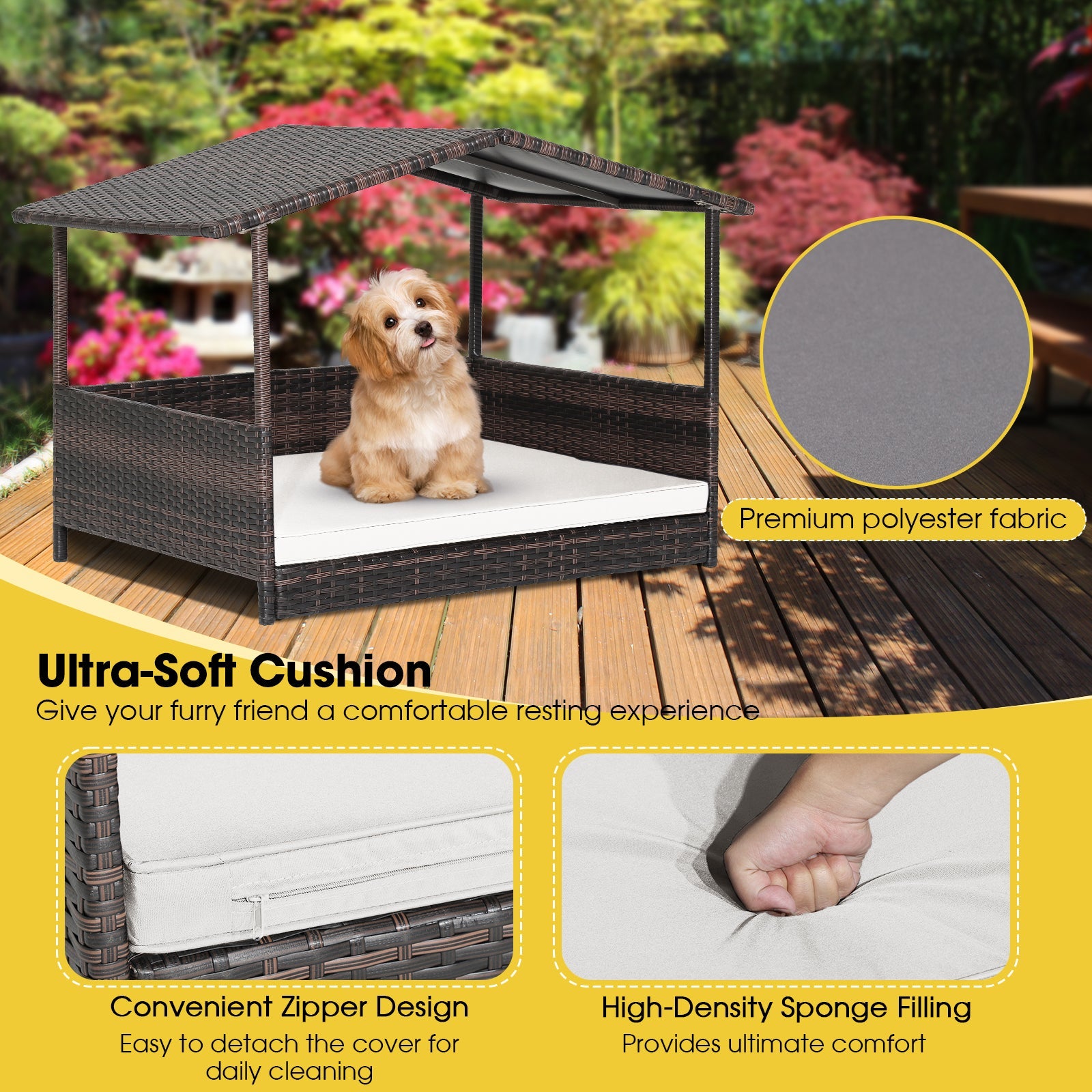 Wicker Dog House with Waterproof Roof and Washable Cushion Cover DirectDeals