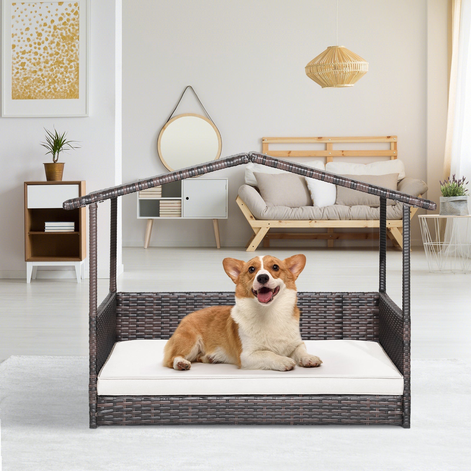 Wicker Dog House with Waterproof Roof and Washable Cushion Cover DirectDeals
