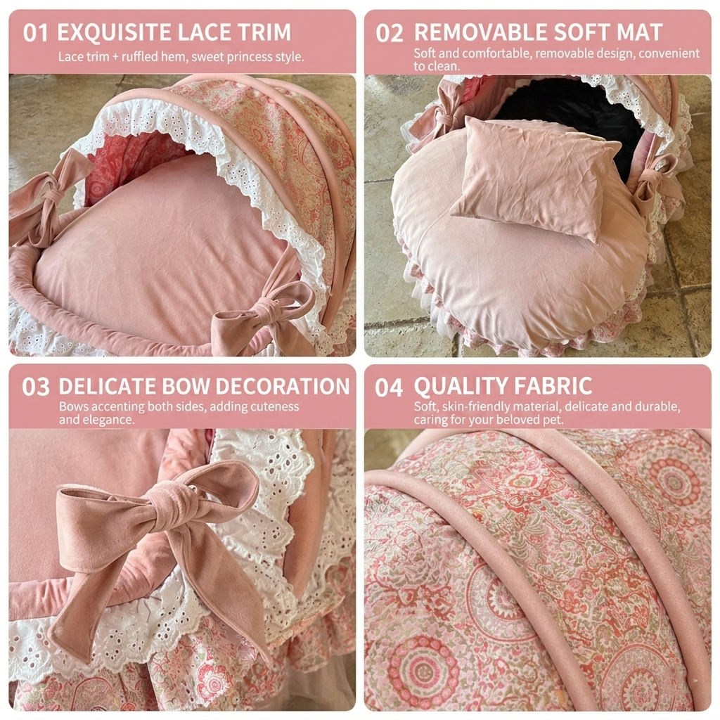 Luxury Princess Canopy Dog Bed Pink Lace Pet Nest with Removable Cushion Jane's Pet Boutique