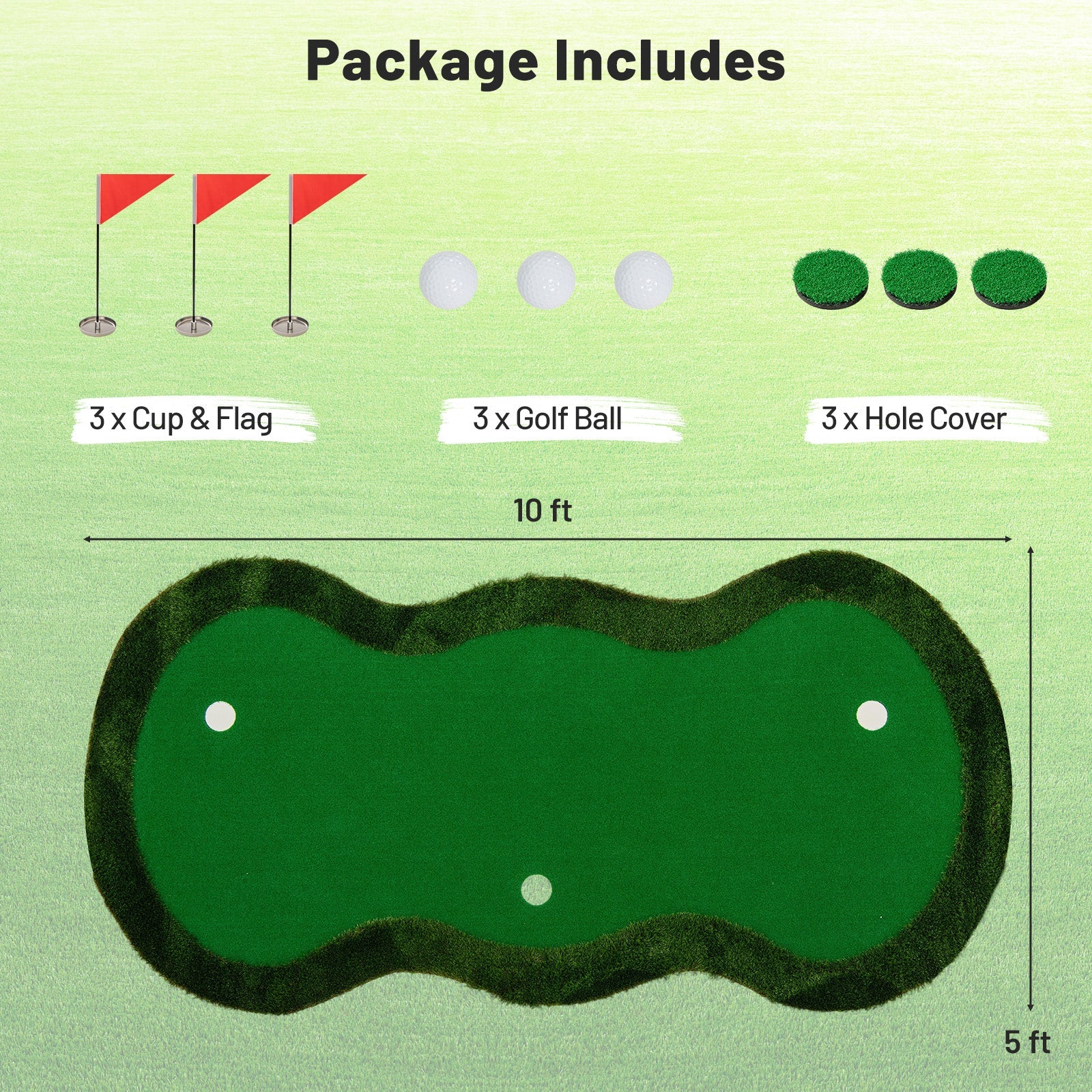 5 x 10 Feet Golf Practice Putting Green Mat with 3 Holes and Golf Balls for Home Office Backyard DirectDeals