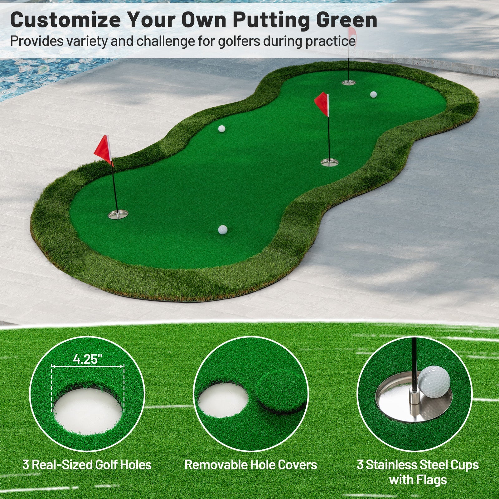 5 x 10 Feet Golf Practice Putting Green Mat with 3 Holes and Golf Balls for Home Office Backyard DirectDeals
