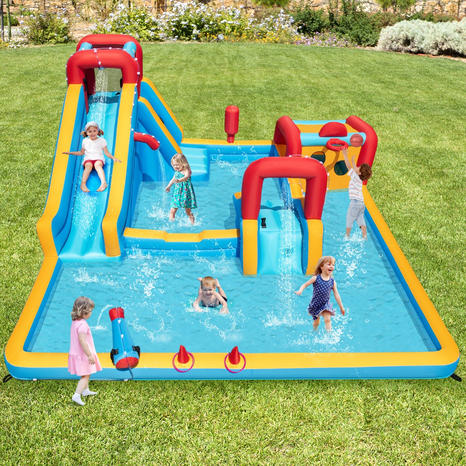 Inflatable Double Water Slide Park 9-in-1 Giant Bounce House Blower Excluded DirectDeals
