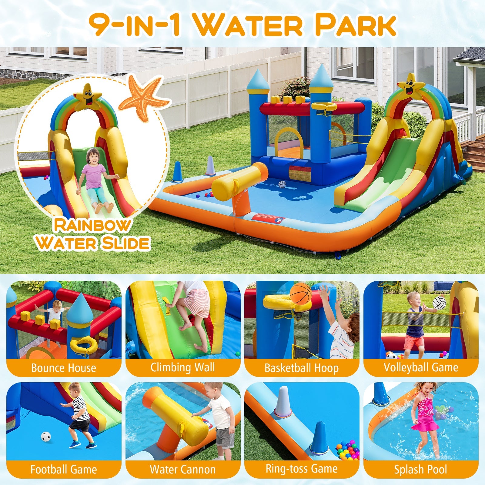 Inflatable Water Slide Park Bouncy Castle with Climbing Wall with Blower DirectDeals
