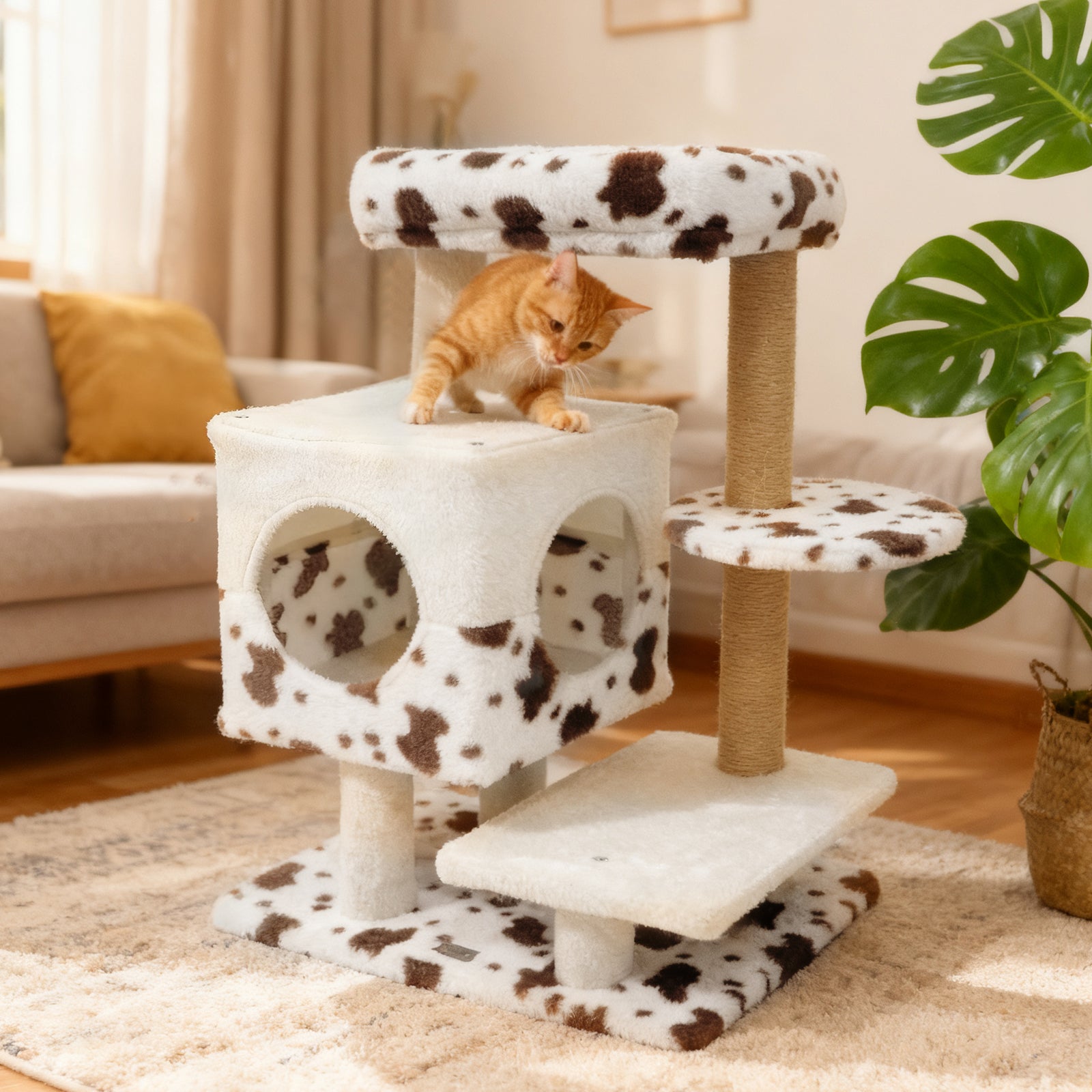 Modern Cat Tree Indoor Cat Tower with Wide Upholstered Perch and 2-Entrance Cat Condo-White DirectDeals