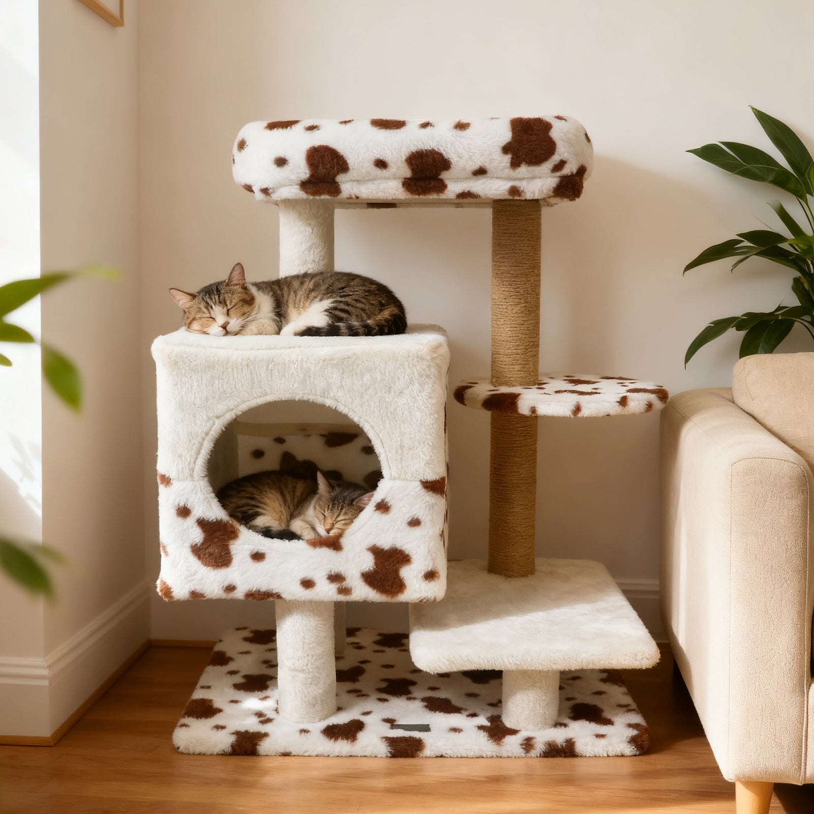 Modern Cat Tree Indoor Cat Tower with Wide Upholstered Perch and 2-Entrance Cat Condo-White DirectDeals